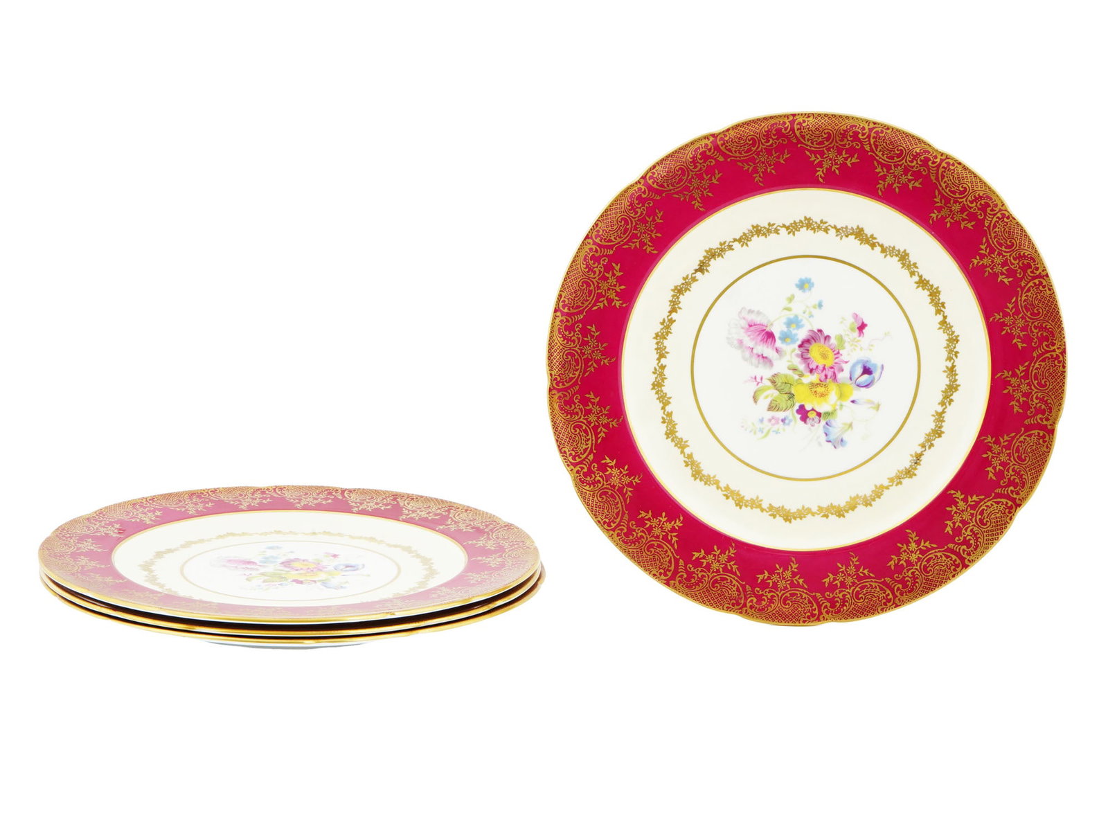 ENGLISH PARAGON PORCELAIN QUEEN ELIZABETH II PLATES: A lot of 4 vintage English porcelain plates by Paragon. White plates with a coral red edge with a lush golden floral pattern. Hallmark Paragon, Reproduction for Her Majesty Queen Elizabeth, Fine Bone 