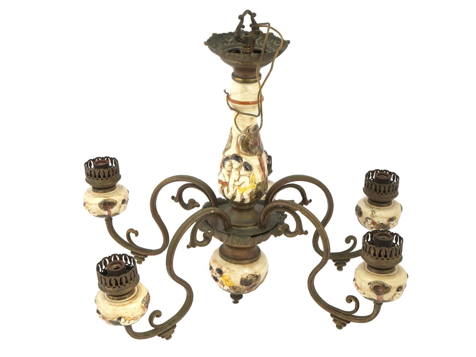 VINTAGE CAPODIMONTE BRONZE AND CERAMIC CHANDELIER: A vintage Italian Capodimonte bronze and ceramic chandelier. The chandelier features five curved bronze arms, each holding a ceramic light fixture with ornate detailing. The ceramic pieces are decorat