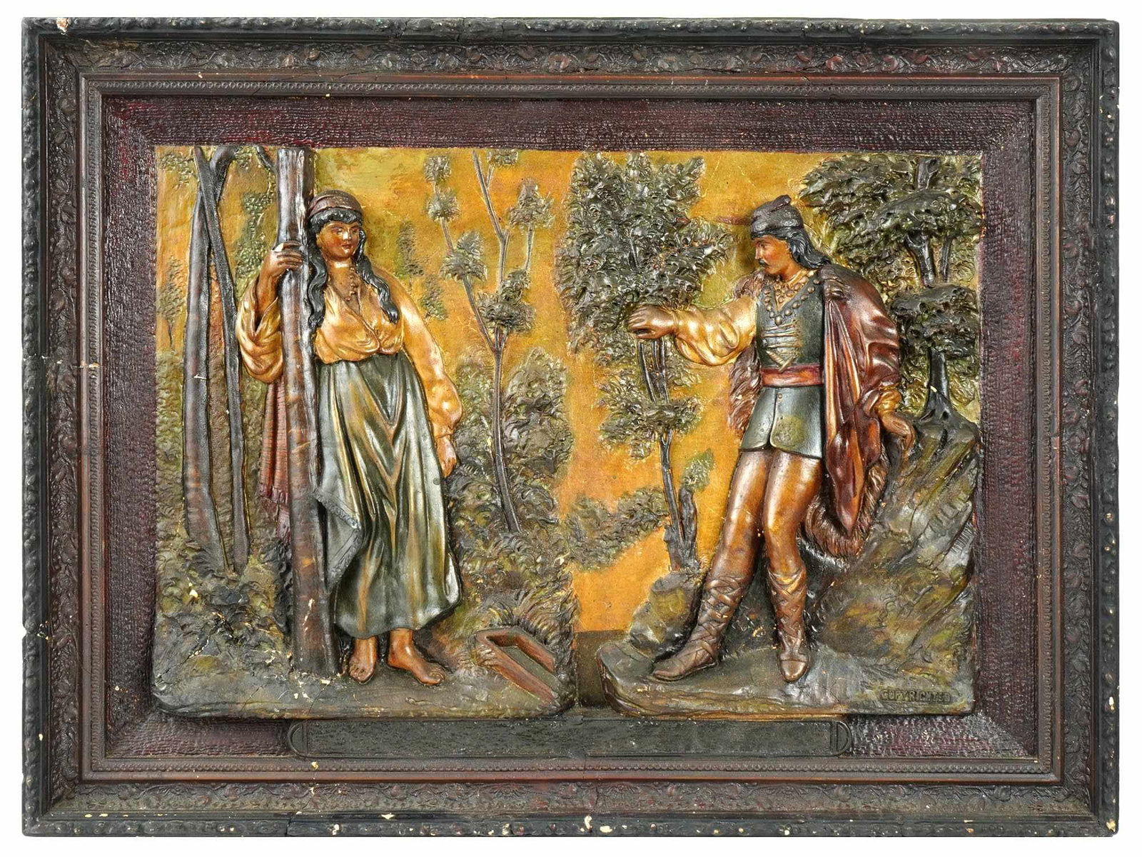 ANTIQUE MEDIEVALIST CARVED WOOD BAS RELIEF PANEL (1 of 6)