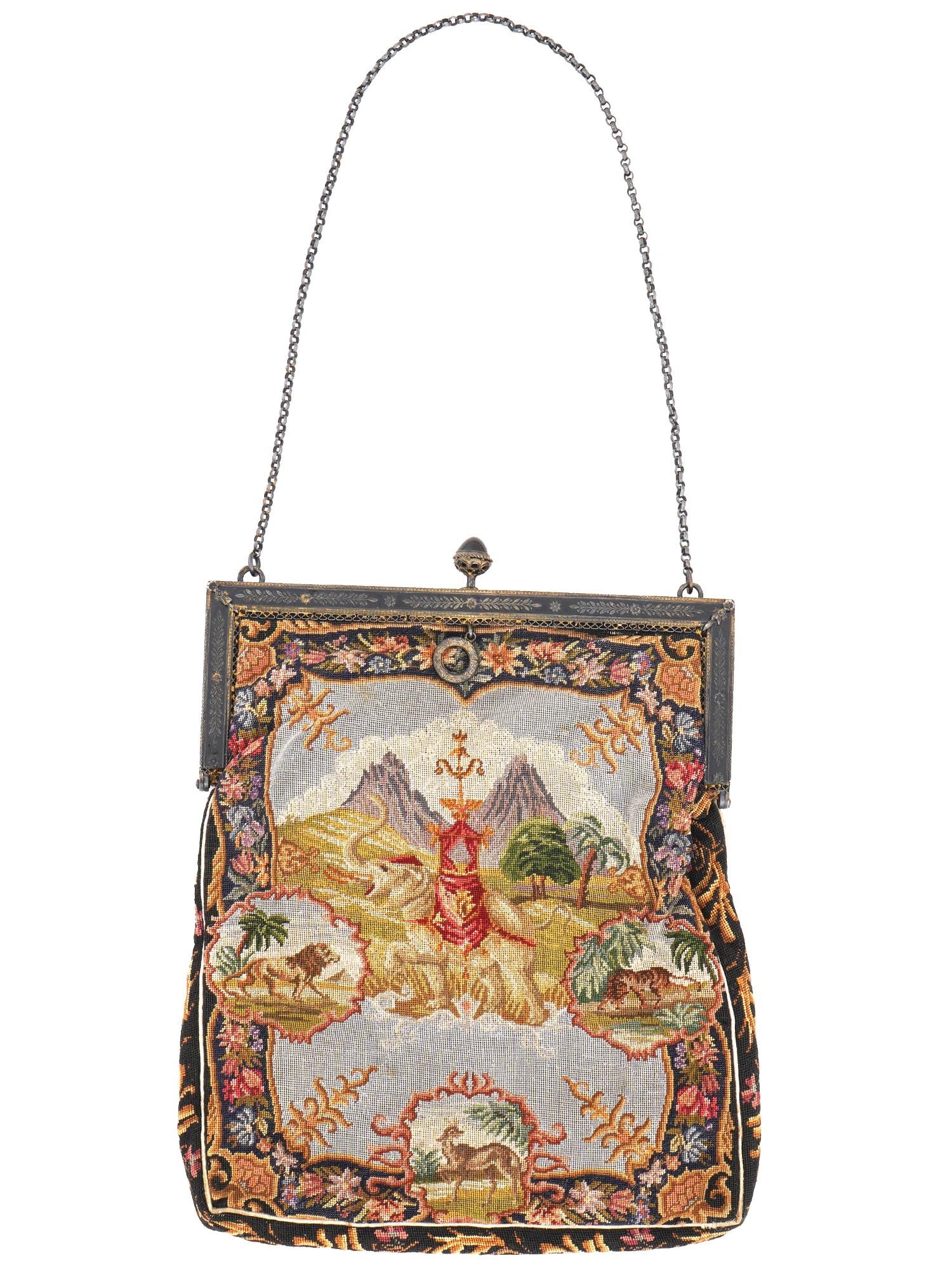 ANTIQUE 19TH C EUROPEAN EMBROIDERED PURSE WITH ONYX: An antique 19th century European embroidered purse adorned with Indian motifs. The purse has a rectangular shape with a hinged metal frame and a chain handle. The main body of the purse is embroidered