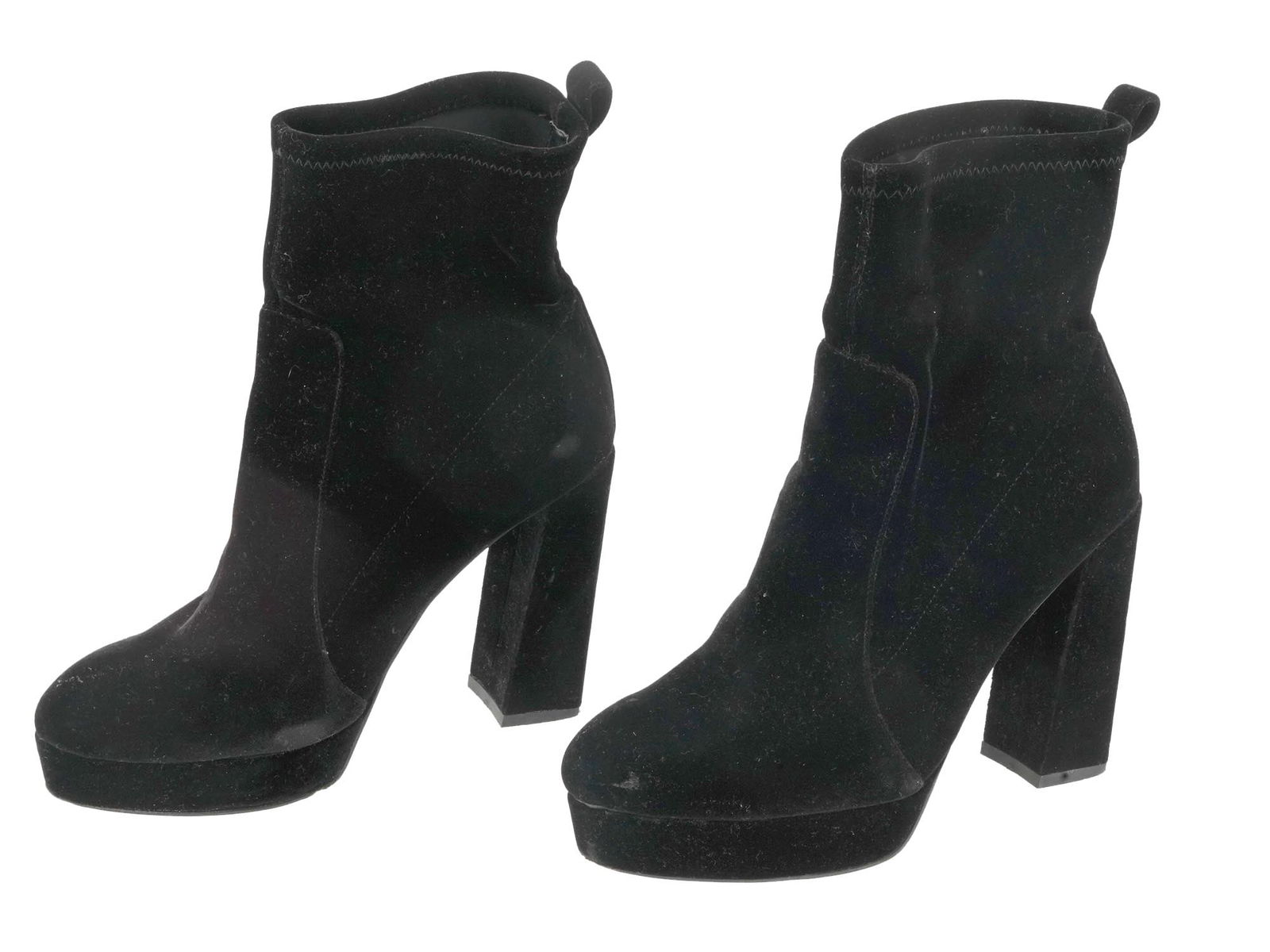 BYBLOS BLACK SUEDE PLATFORM HEEL ANKLE BOOTS: A pair of vintage womens black suede heeled ankle boots by Byblos. European size 37. Platform round-toe pumps, accentuated stitching. Luxury Fashion Accessories For Women, Elegant Shoes.LOT CONDITION