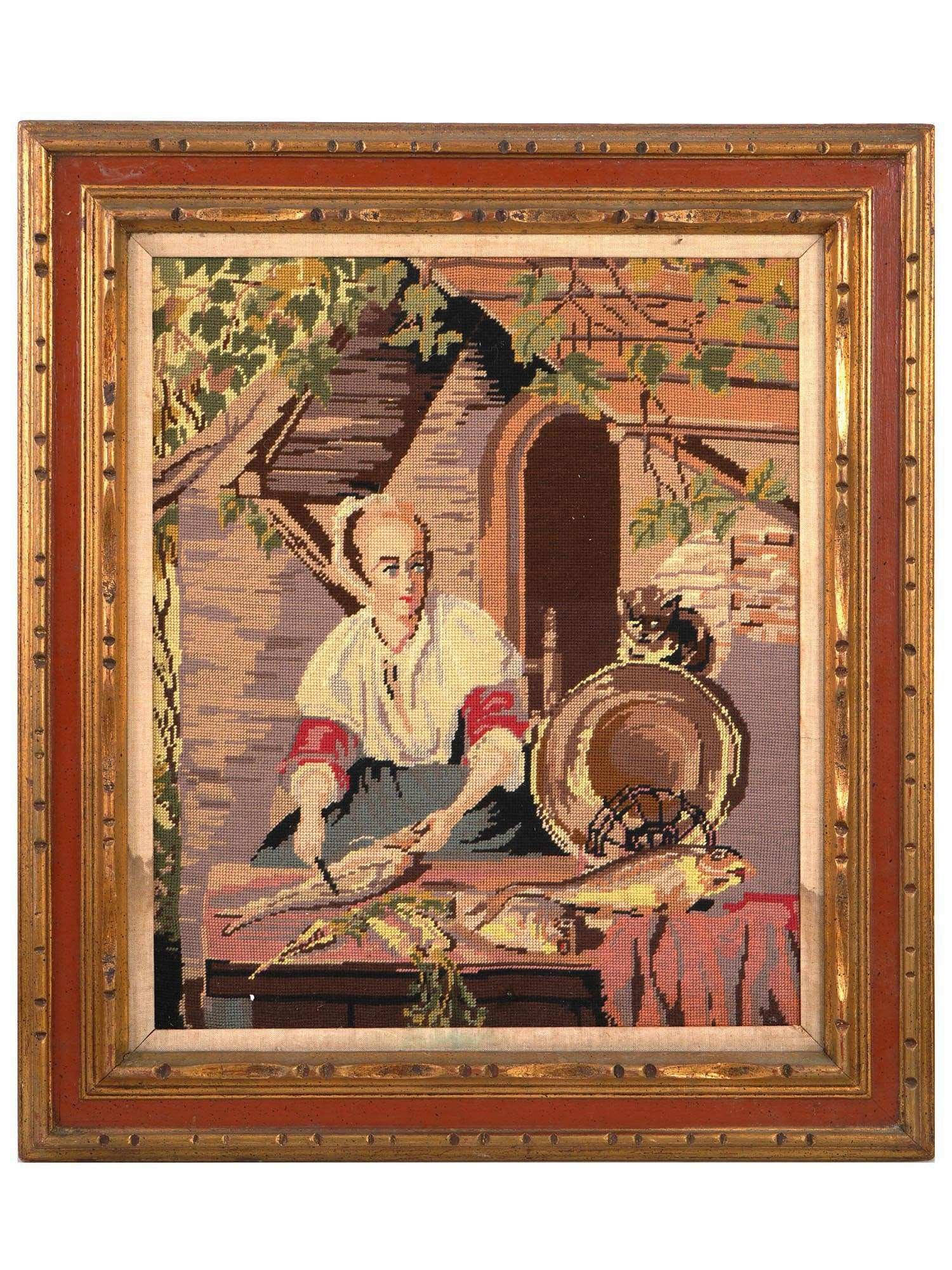 VTG NEEDLEPOINT TAPESTRY GABRIEL METSU CLEANING FISH (1 of 4)