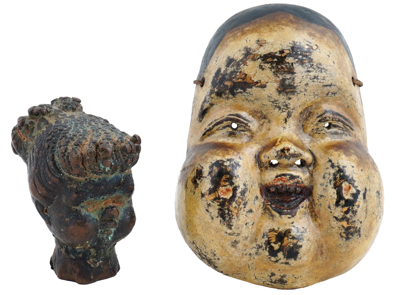 ANTIQUE JAPANESE THEATER MASK OKAME AND BRONZE HEAD (1 of 6)