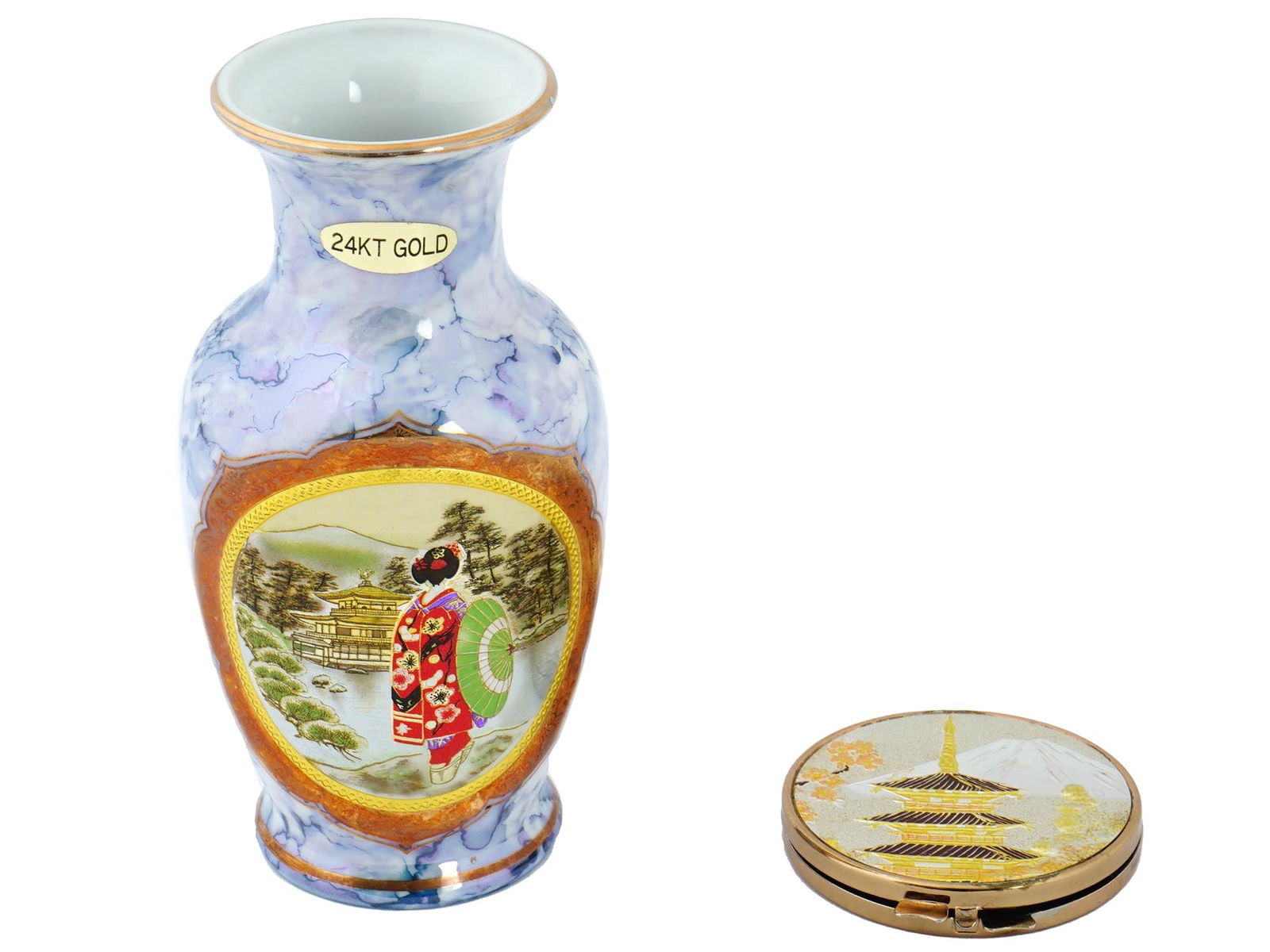 JAPANESE PORCELAIN 24K GOLD VASE AND POCKET MIRROR: A lot of two Japanese items featuring a vase and a pocket mirror. The vase is gilded with gold and silver has a classic, slender shape with a wide mouth. The porcelain is a delicate white with a swirl