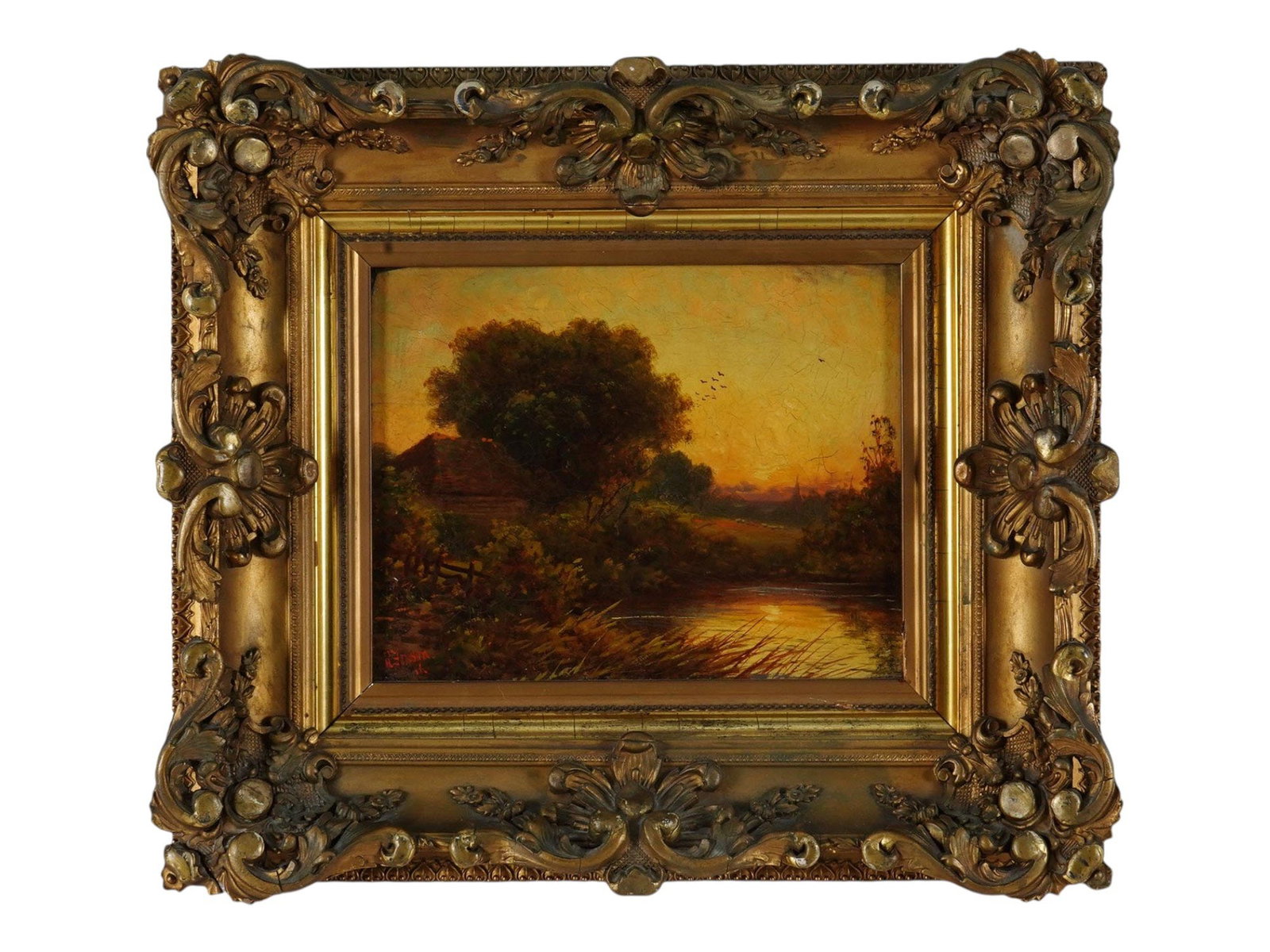 ROBERT ROBIN FENSON ENGLISH LANDSCAPE OIL PAINTING: Oil on canvas painting by Robert Robin Fenson, active 1889 to 1914, an English landscape artist. The artwork depicts a rural landscape with a pond during sunset. Signed by the artist in the lower left