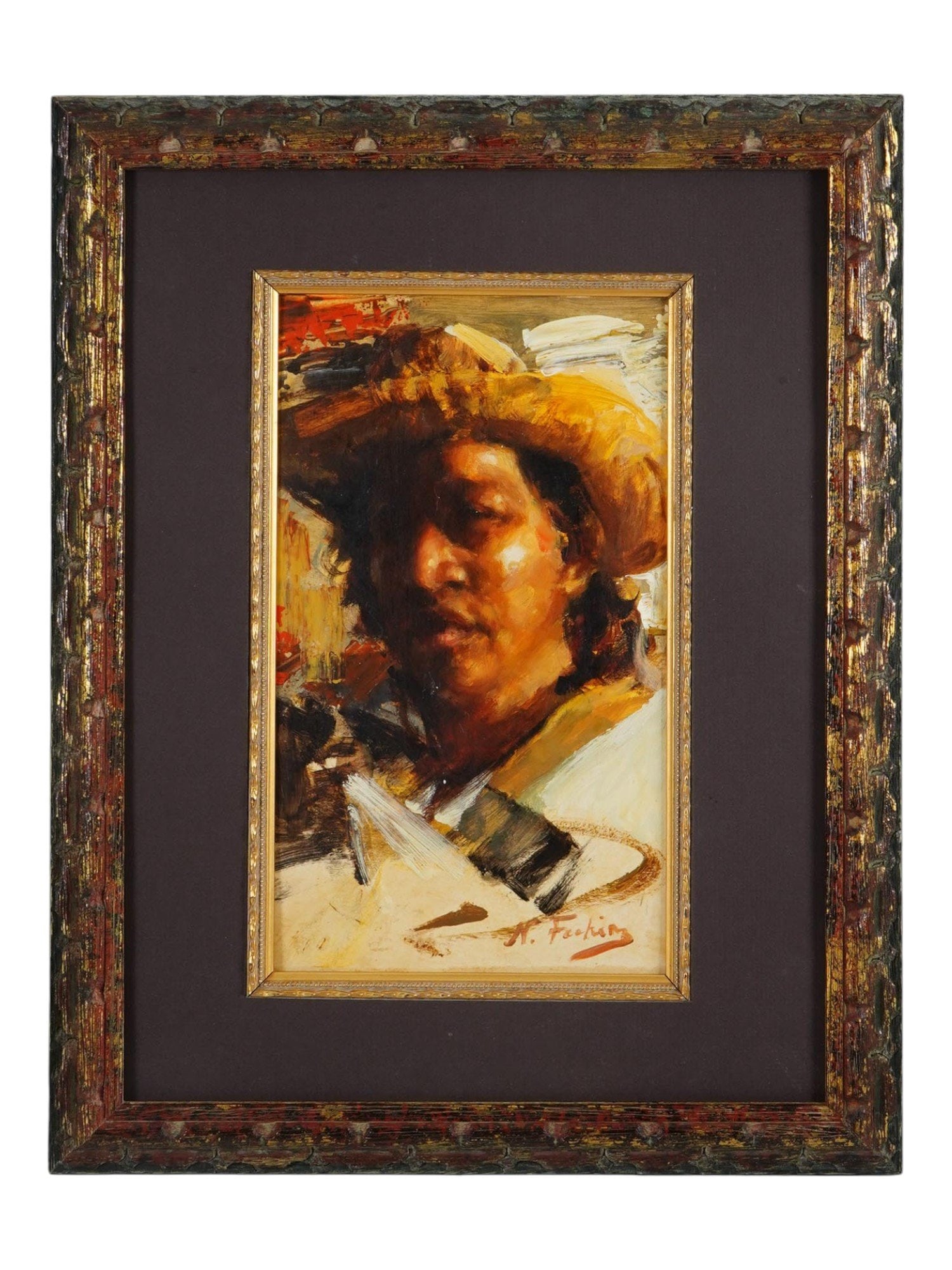 MALE PORTRAIT OIL PAINTING BY NICOLAI FECHIN: An oil painting on board depicting a portrait of a man in a hat by Nicolai Fechin. Signed lower right. Matted and framed. Nicolai Fechin, 1881 to 1955, was a Russian American painter known for his por
