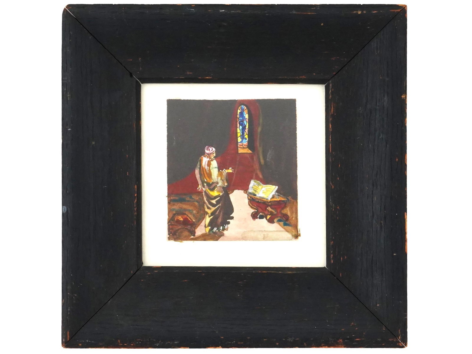 RUSSIAN WATERCOLOR GENRE PAINTING BY LEON BAKST: A Russian watercolor on paper genre painting by Leon Bakst, 1866 to 1924. The miniature artwork depicts a genre scene, apparently part of a theatrical play, with a man standing in front of a book. Fra