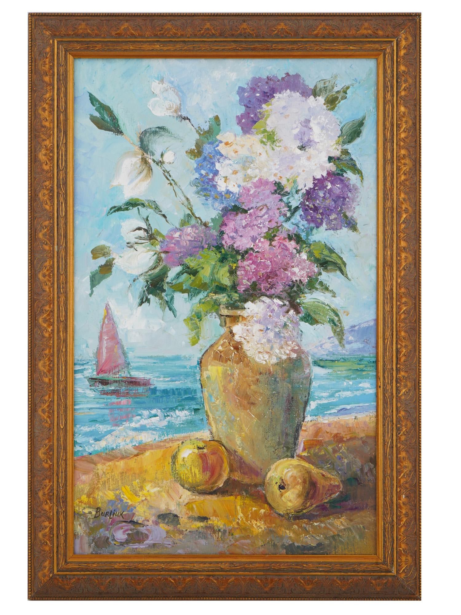 AFTER DAVID BURLIUK UKRAINIAN AMERICAN OIL PAINTING: After David Burliuk, Ukrainian American, 1882 to 1967, an oil painting on canvas depicting a still life composition with a seascape backwards. Signed lower left. Framed. David Davidovich Burliuk was a