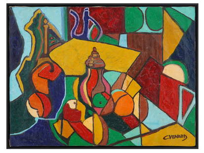 CUBIST STILL LIFE OIL PAINTING SIGNED CLAUDE VENARD: An oil painting on canvas depicting a still life with fruits and vessels. Signed, C. Venard, lower right. Framed. Claude Venard, French, 1913 to 1999, was a French post Cubist and still life painter.