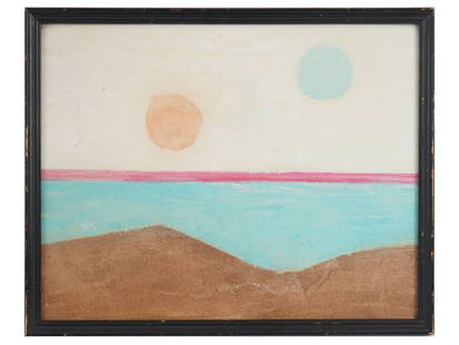 ETEL ADNAN ATTR ABSTRACT ARAB LEBANESE PAINTING: Attributed to Etel Adnan, Lebanese, 1925 to 2021, chalk on paper painting depicting an abstract geometric composition. Inscribed and signed on the backside. Framed. Etel Adnan was a Lebanese American