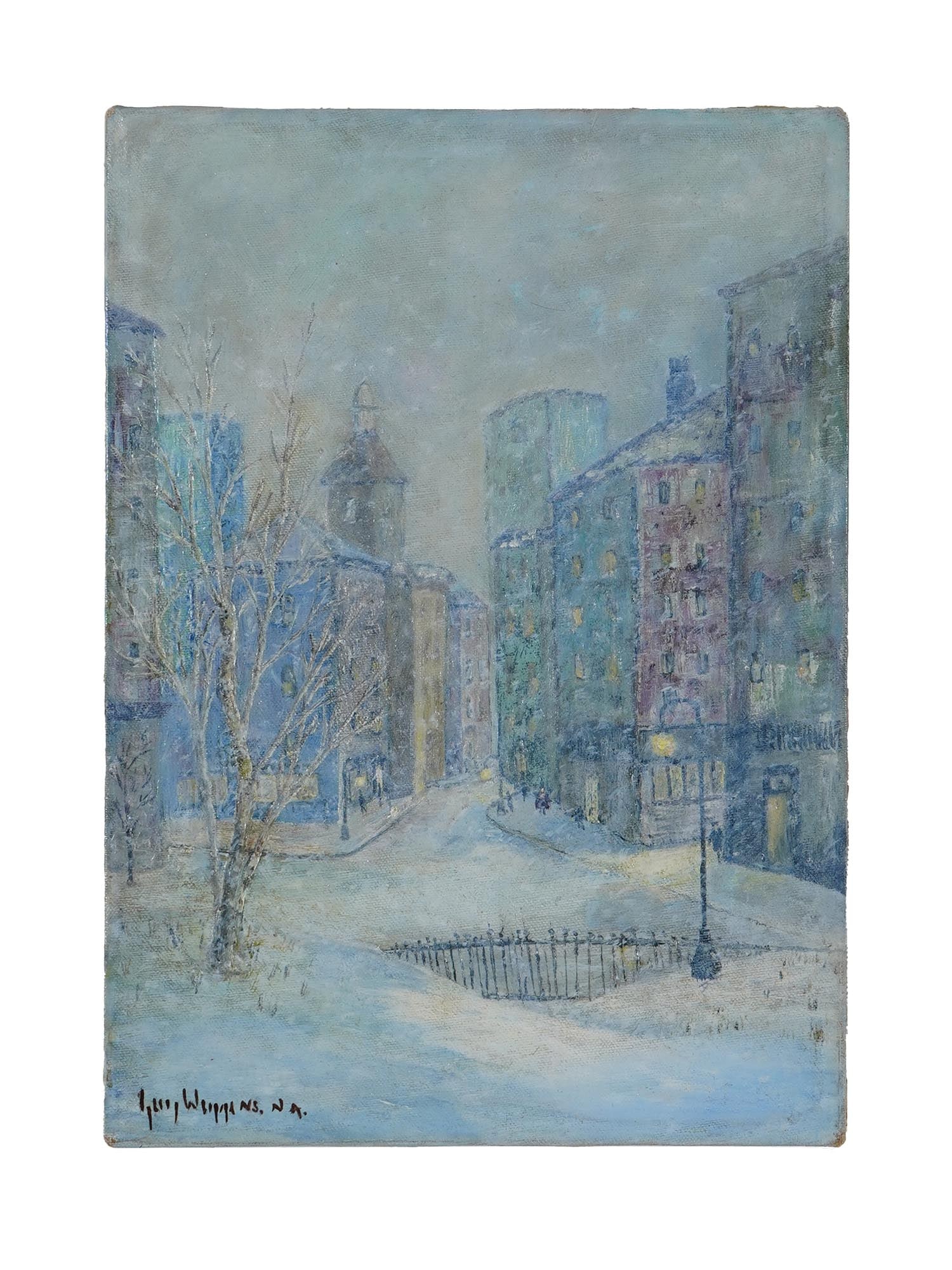 AMERICAN CITYSCAPE OIL PAINTING SIGNED GUY WIGGINS: An oil painting on canvas depicting a winter cityscape. Signed, Guy Wiggins, and inscribed, lower left. Guy Carleton Wiggins, American, 1883 to 1962, was an American impressionist painter. He was the