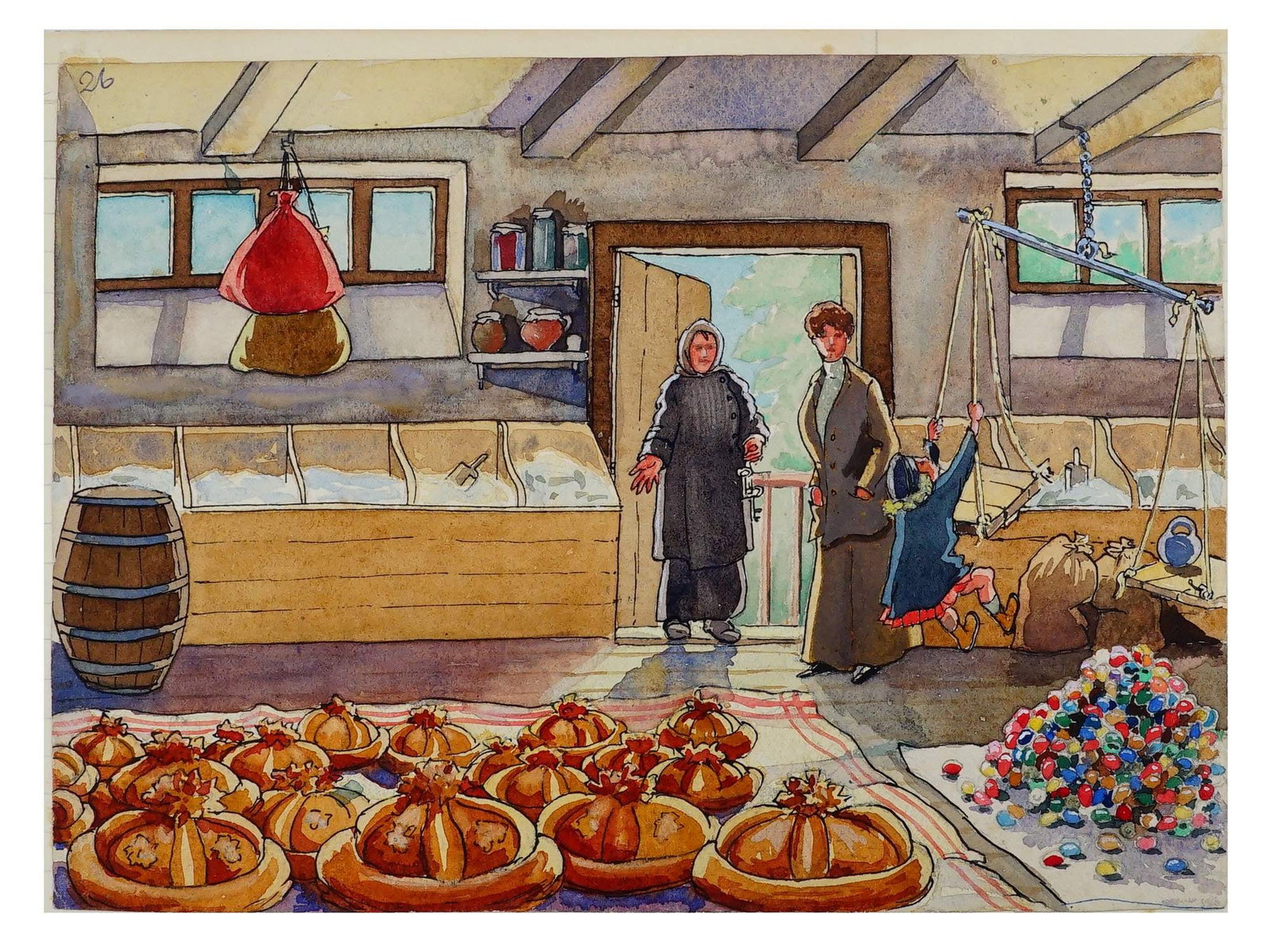 ATTR TO MARIAMNA DAVYDOFF RUSSIAN WATERCOLOR PAINTING: Attributed to Mariamna Adrianovna Davydoff, Russian, 1871 to 1961, a watercolor painting on paper depicting a scene at the shop. With a hand written text on the back. It was after Davydoff emigrated f