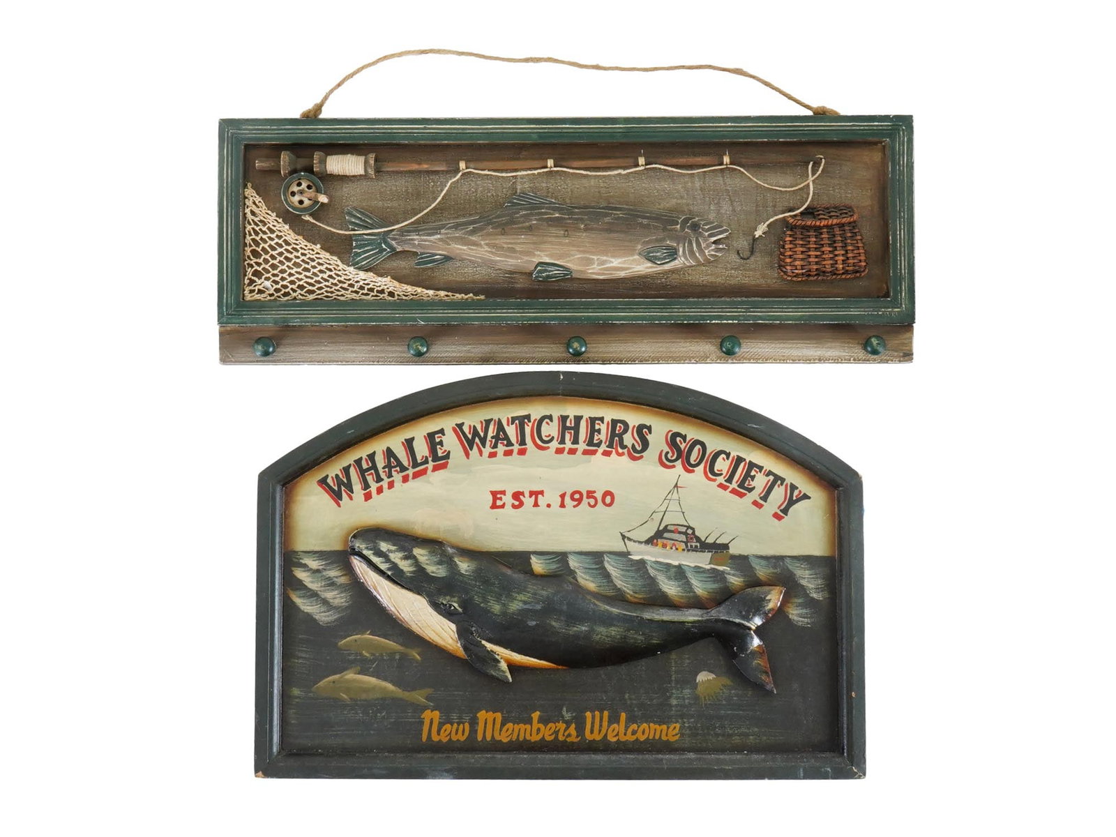 AMERICAN CARVED PAINTED ARTWORKS WHALE WATCHERS SOCIETY: Two mid-century carved wood and painted artworks, one depicting fish and tackle, and the other featuring a whale with the inscription Whale Watchers Society. Framed. American Carvings And Art Collecti