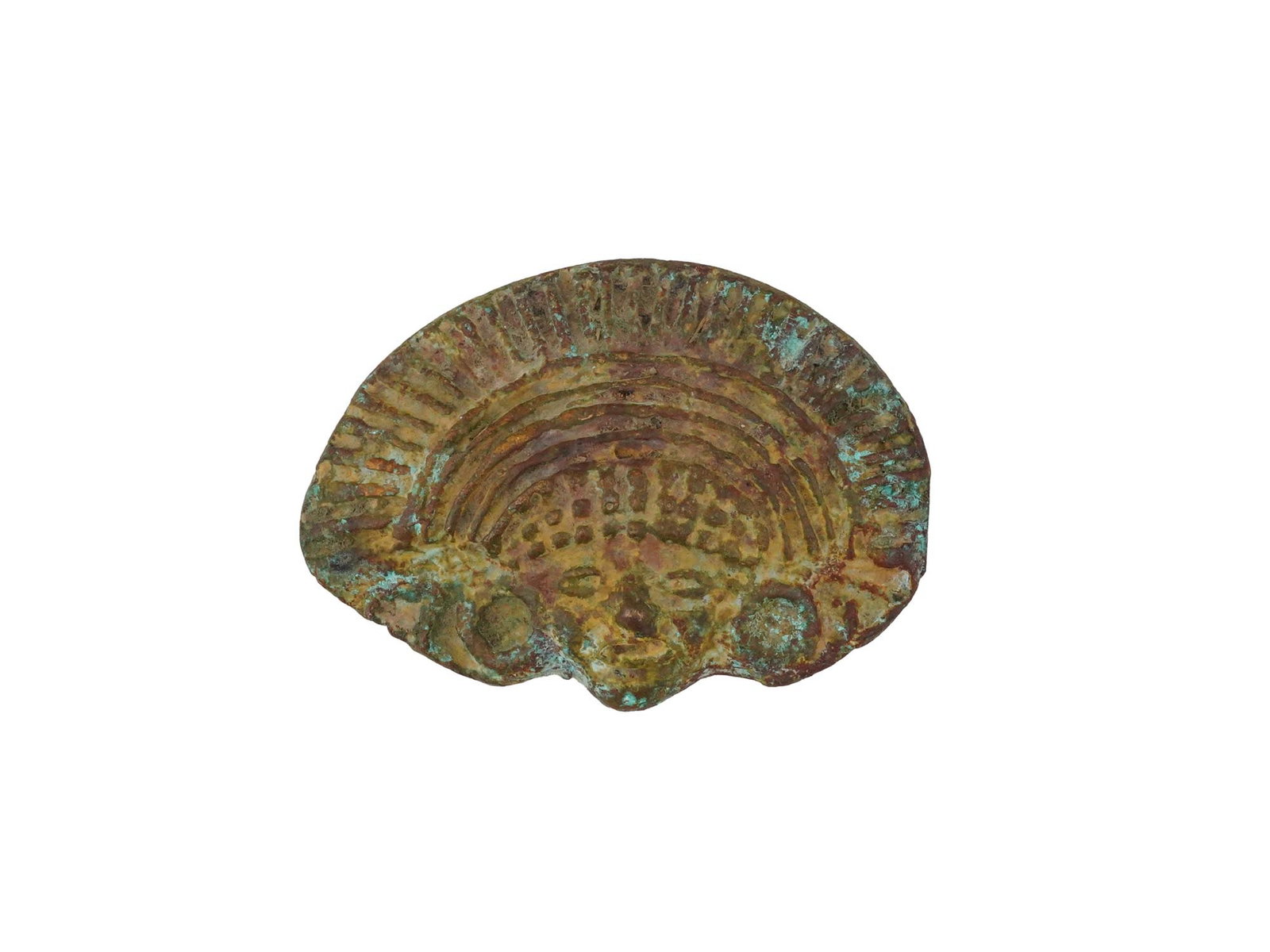ANCIENT PRE COLUMBIAN MAYAN METAL PIECE W DISPLAY BOX: An ancient Pre Columbian Mayan metal piece. It is a semi circular artifact features an engraved face design with a hair dress. Comes in a display box. Ancient Figures Figurines And Pre Columbian Folk 