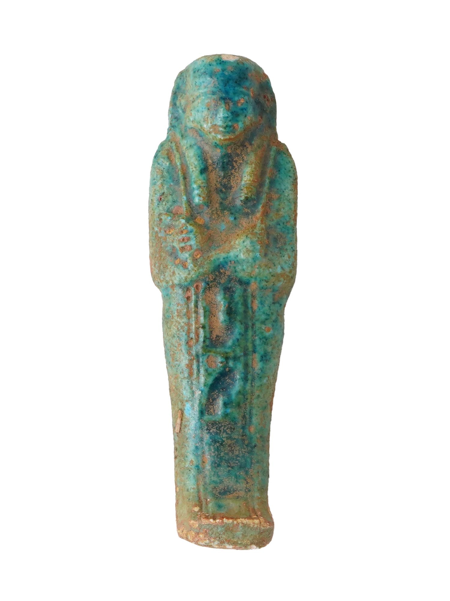 ANCIENT EGYPTIAN GLAZED CLAY IDOL FIGURINE: An ancient Egyptian clay idol figurine. The idol is shaped like a standing figure, likely representing a deity or an important person. It is glazed with a blue turquoise color. Ancient Historical Arti