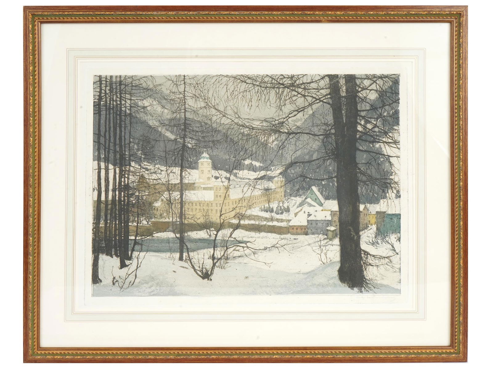 LUIGI KASIMIR AUSTRIAN LANDSCAPE COLOR ETCHING: Color etching on paper by Luigi Kasimir, 1881 to 1962, an Austro-Hungarian-born artist and printmaker. Kasimir was among the first to develop the technique of the colored etching as opposed to hand-pa