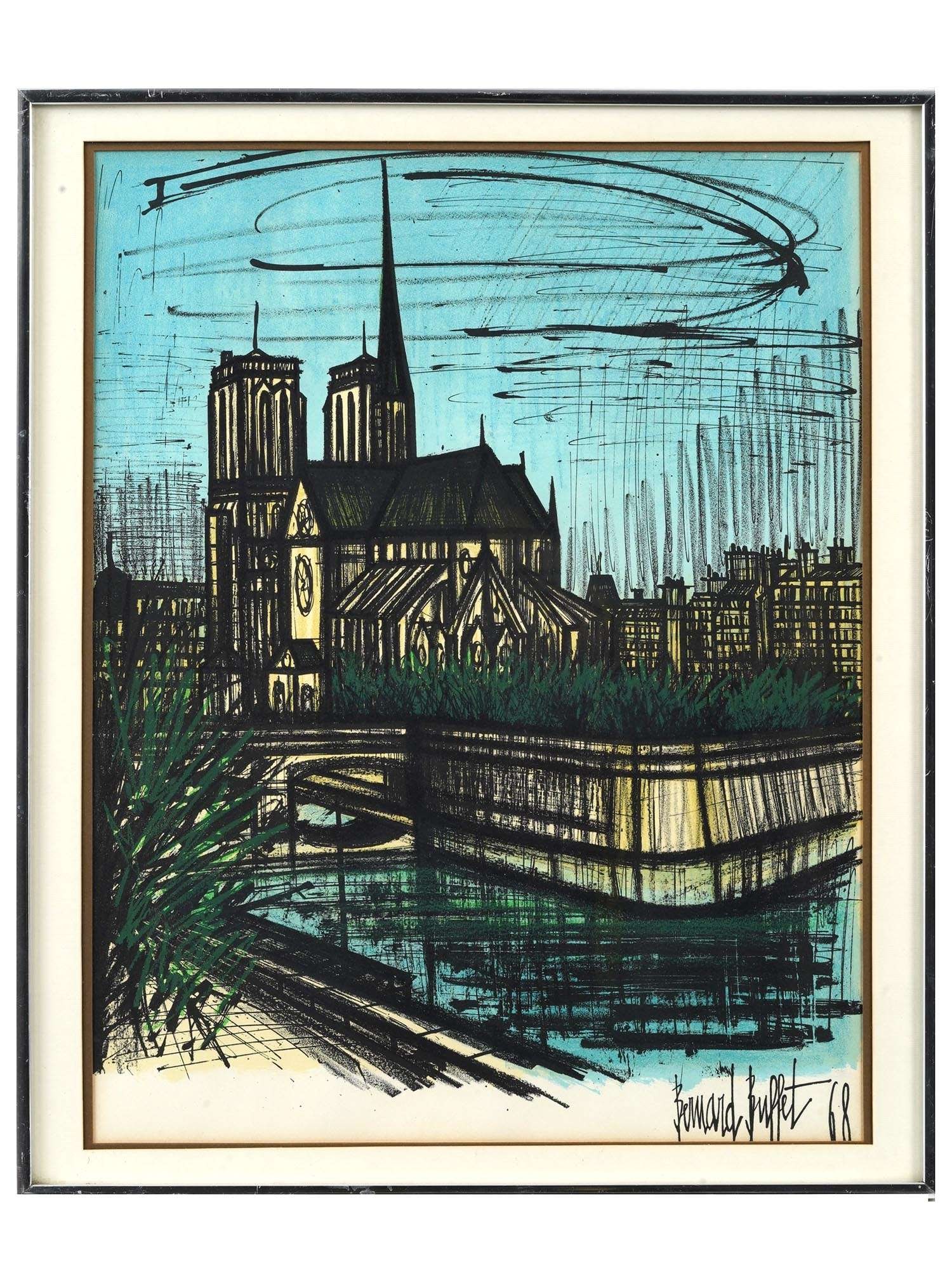 SIGNED BERNARD BUFFET FRENCH COLOR LITHOGRAPH 1968: Bernard Buffet, French, 1928 to 1999, color lithograph on paper, The Notre Dame Cathedral, 1968. Signed lower right. Matted and framed. Bernard Buffet was a French painter of Expressionism and a membe