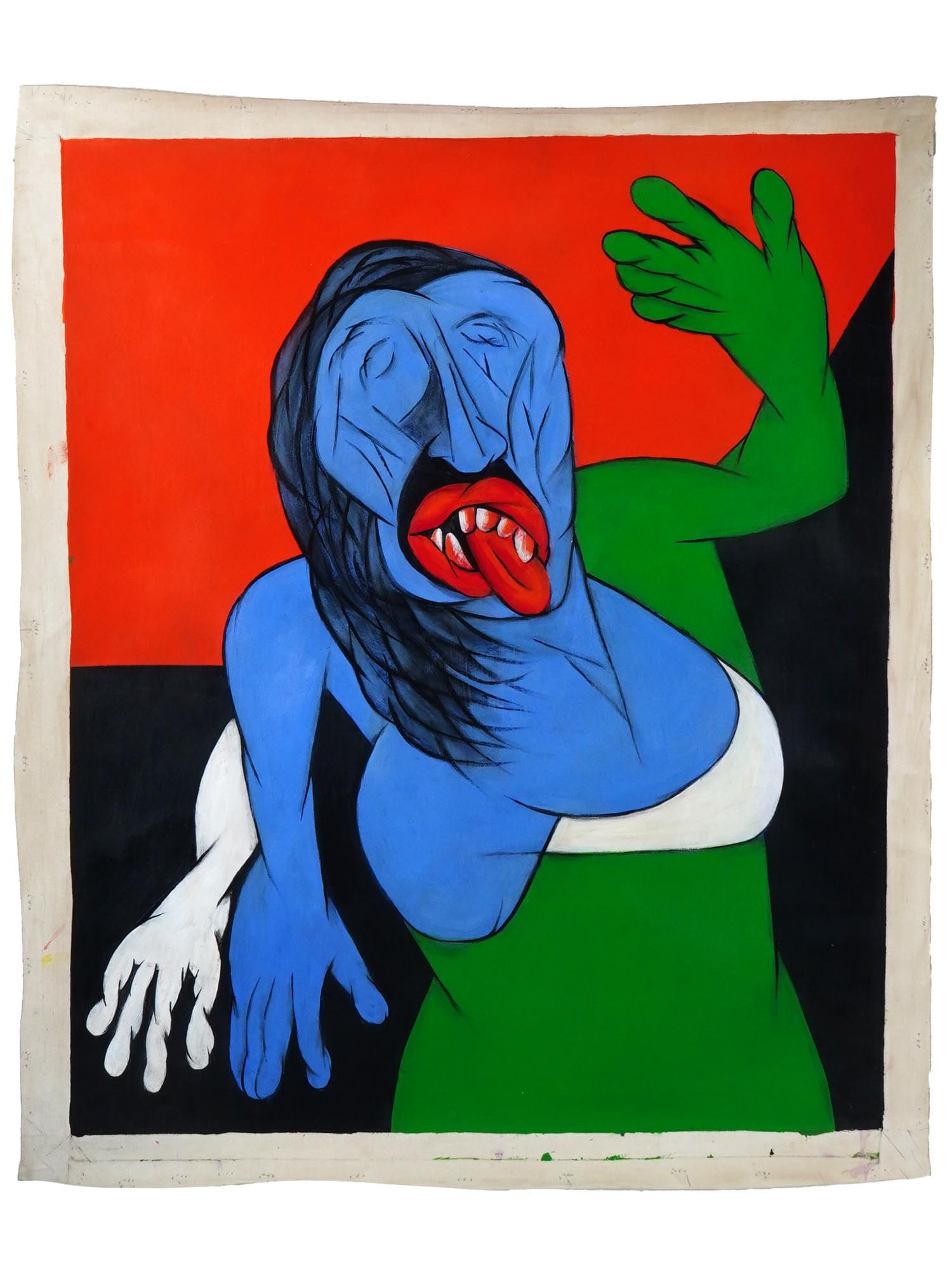 PORTRAIT ACRYLIC PAINTING IN MANNER OF TYEB MEHTA: An acrylic painting on canvas depicting a Figurative portrait. Inscribed, Tyeb, and dated 98, on the backside. Tyeb Mehta was an Indian painter, sculptor, and filmmaker. He was part of the Bombay Prog