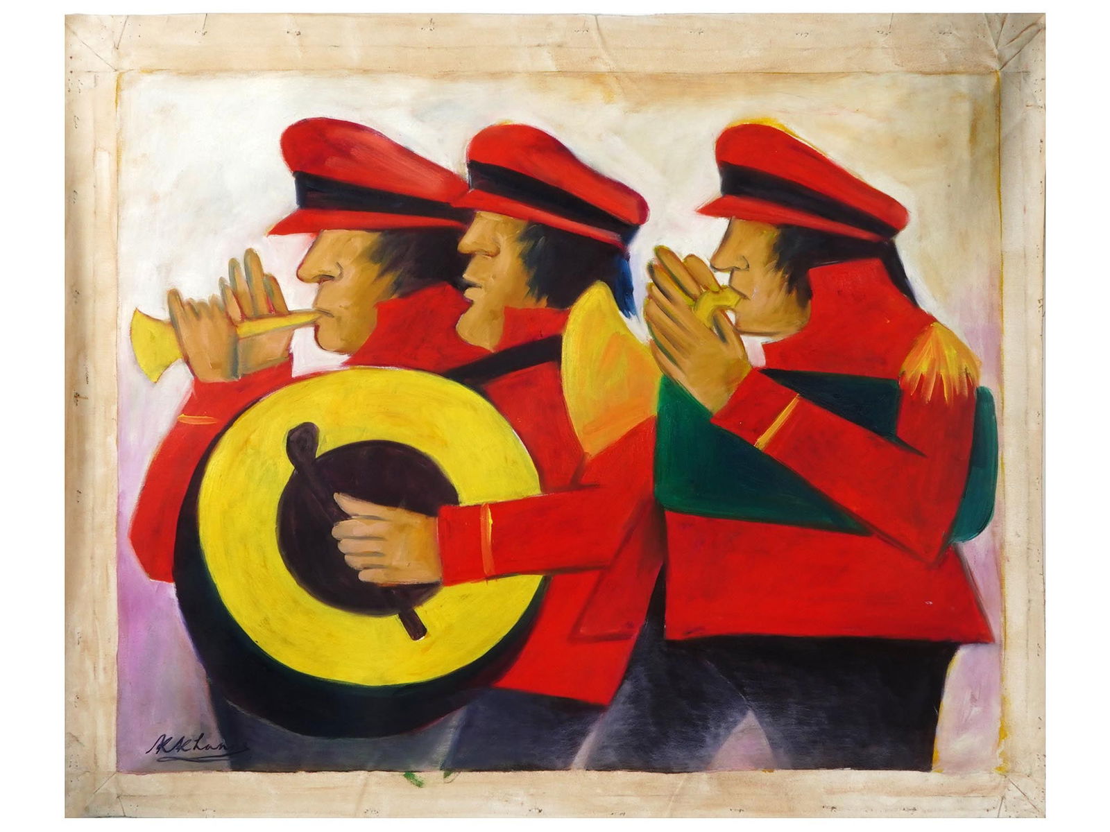 INDIAN MUSICIANS OIL PAINTING SIGNED KRISHEN KHANNA: An oil painting on canvas depicting a group portrait of musicians. Signed, K. Khanna, lower left. Krishen Khanna, born 1925, is an Indian painter known for his abstracted figurative artworks depicting