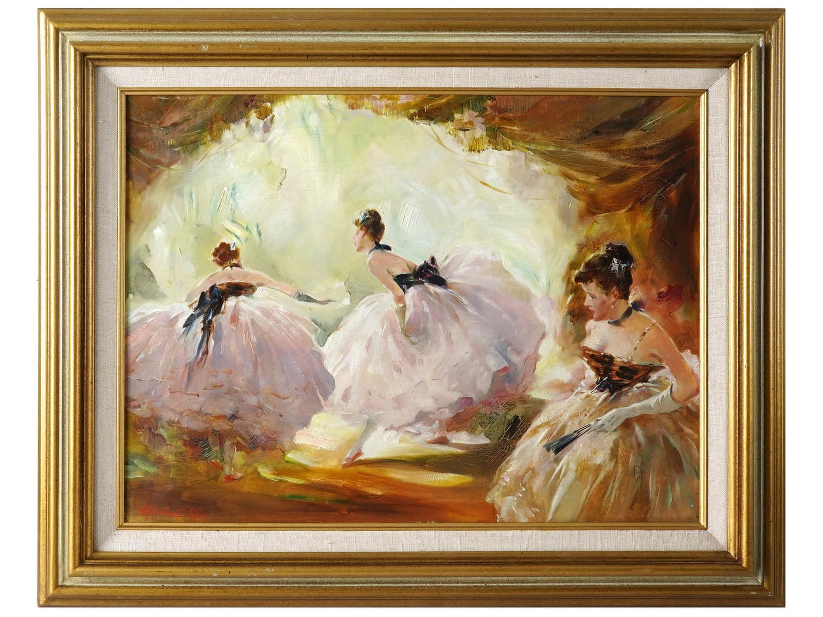 ALDO AFFORTUNATI ITALIAN OIL PAINTING OF DANCERS: Oil on canvas painting by Aldo Affortunati, 1906 to 1991, an Italian artist based in Florence. His signature technique involved using a spatula instead of a brush. This lot represents female dancers o