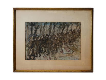 CHRISTOPHER NEVINSON MILITARY WATERCOLOR PAINTING: Watercolor and ink on paper painting by Christopher Richard Wynne Nevinson, referred to as C.R.W. Nevinson, 1889 to 1946, an English artist, student of Henry Tonks and one of the most famous war artis
