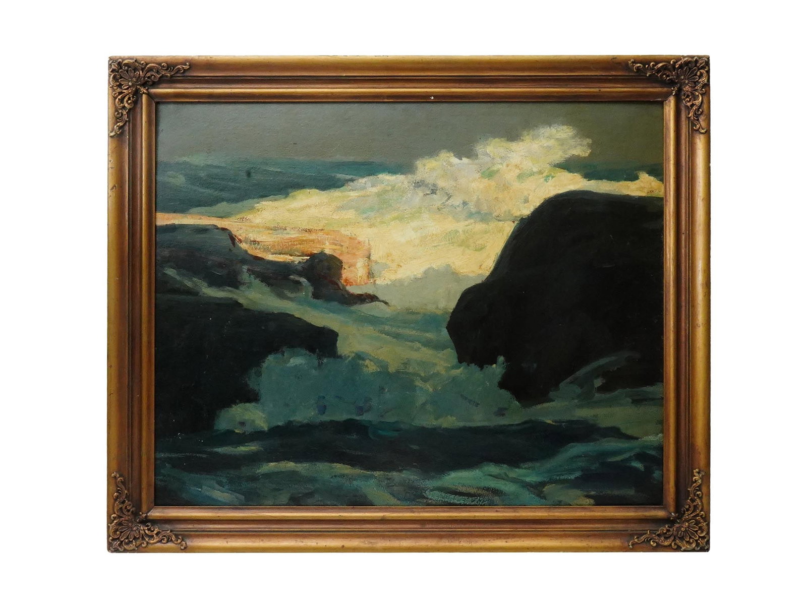 AFTER WINSLOW HOMER AMERICAN SEASCAPE OIL PAINTING: Oil on board painting. In the manner of Winslow Homer, 1836 to 1910, an American marine landscape artist, a major figure in American art history. The artwork depicts waves crashing against rocks. Sign