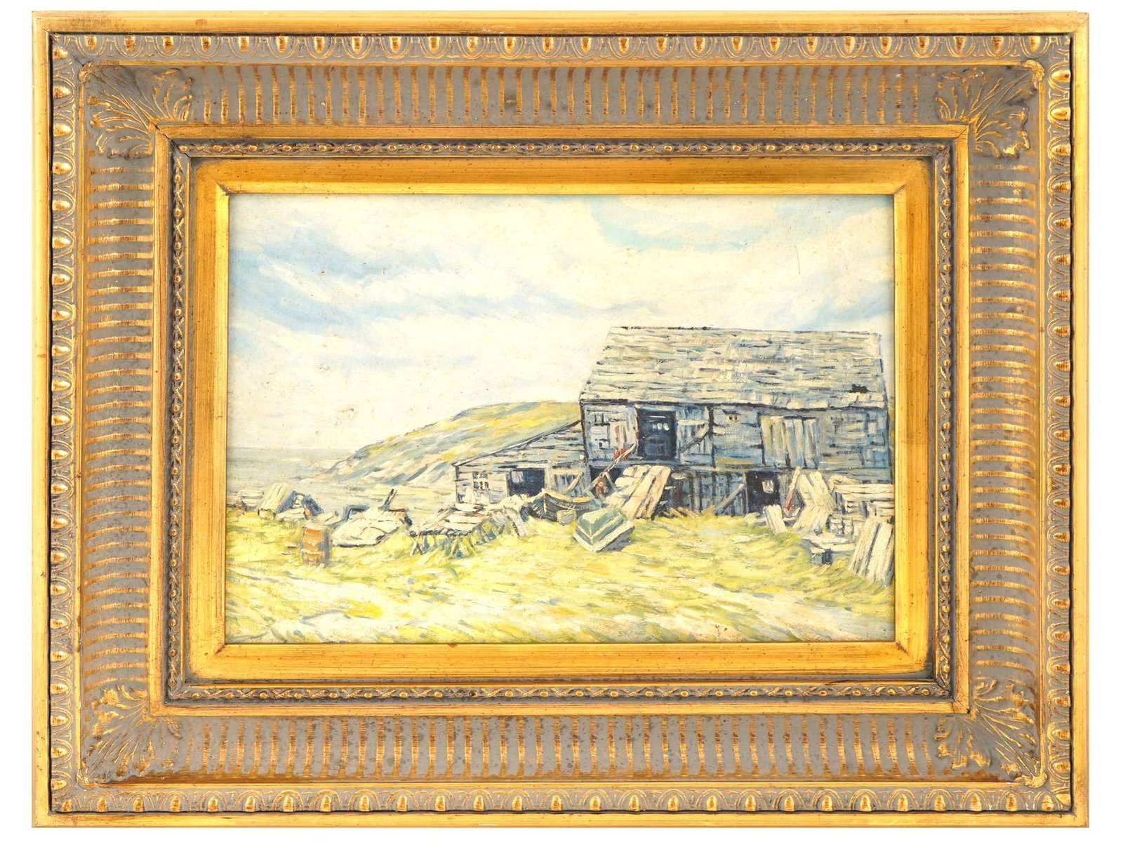 AFTER CHARLES EBERT AMERICAN PAINTING MONHEGAN ISLAND: After Charles Ebert, American, 1873 to 1959, an oil painting on board depicting a view of Monhegan Island, Maine. Bears an old paper label that reads: Monhegan Island Ebert, attached to the back. Fram