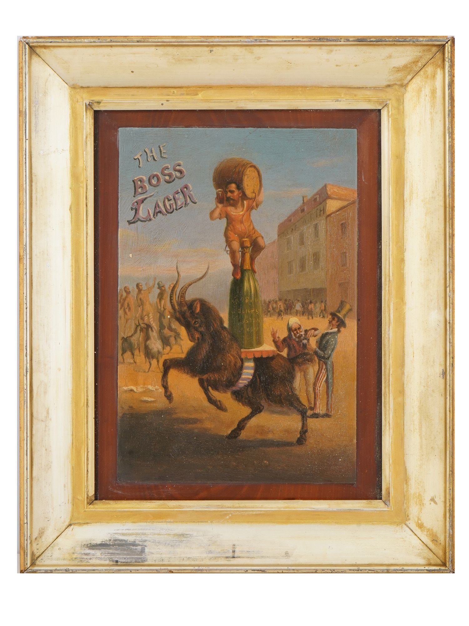 MID CENTURY PAINTING BOSS LAGER JACOB WIRTH RESTAURANT: A mid-century oil painting on board after the 1877 lithograph The Boss Lager, an advertisement for Jacob Wirth Restaurant. The artwork depicts Jacob Wirth standing atop a large bottle of his own lager