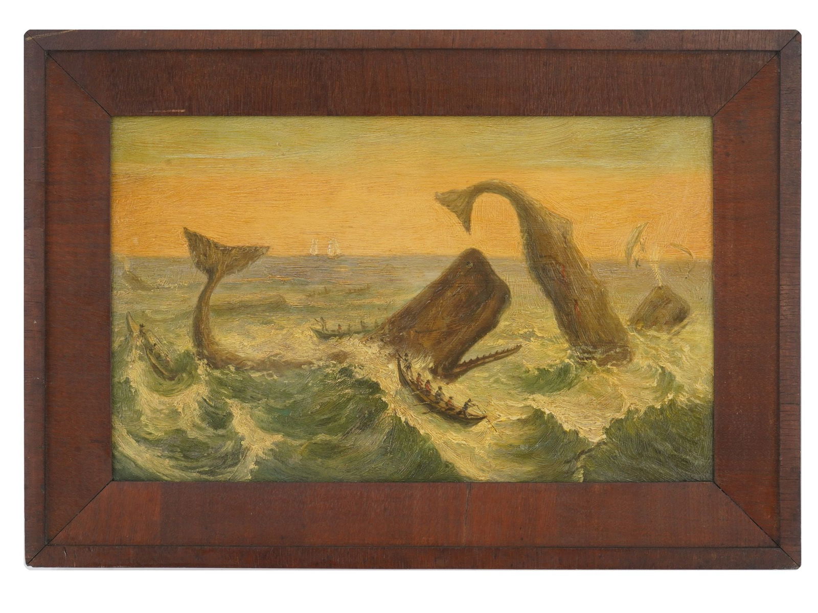 MID CENTURY OIL PAINTING WHALING SCENE IN THE ARCTIC: A mid-century oil painting on board depicting a whaling scene in the Arctic, executed after a 19th-century British School painting. Framed. Mid Century Marine Paintings And Art Collectibles. Dimension
