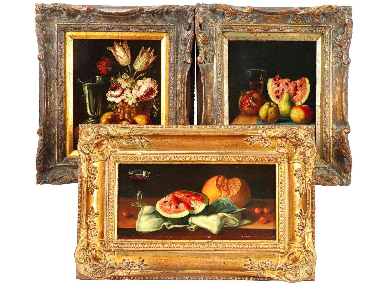 J. VAN HOOT FRUIT STILL LIFE OIL PAINTINGS: A lot of three oil on board paintings by J. van Hoot, 1900 to 1960, a Dutch-American artist. The artworks represent still life compositions with fruit, flowers, and wine glasses. Each painting is sign