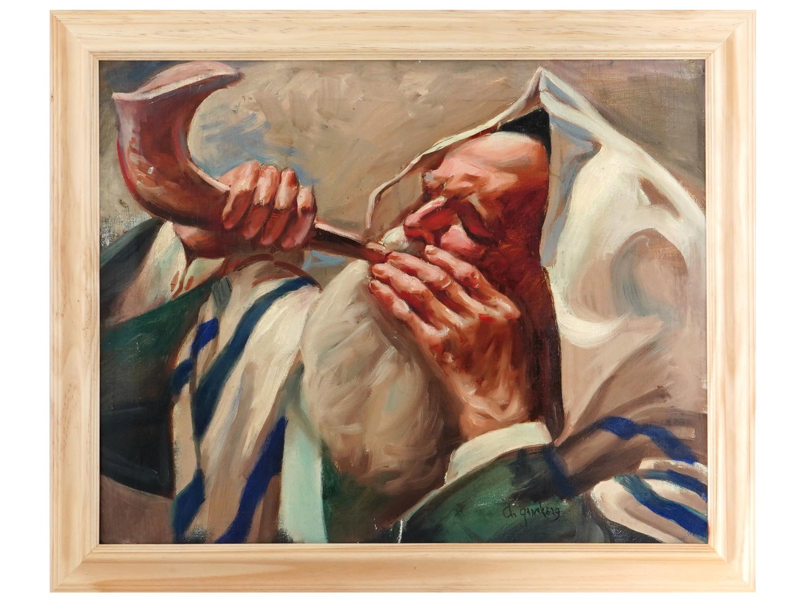 JUDAICA MALE PORTRAIT OIL PAINTING SIGNED GRINBERG: Oil on canvas painting depicting a Jewish man playing the shofar, a rams-horn trumpet used in Jewish religious ceremonies. Signed by the artist in the lower right, Grinberg. Framed. Collectible Fine A