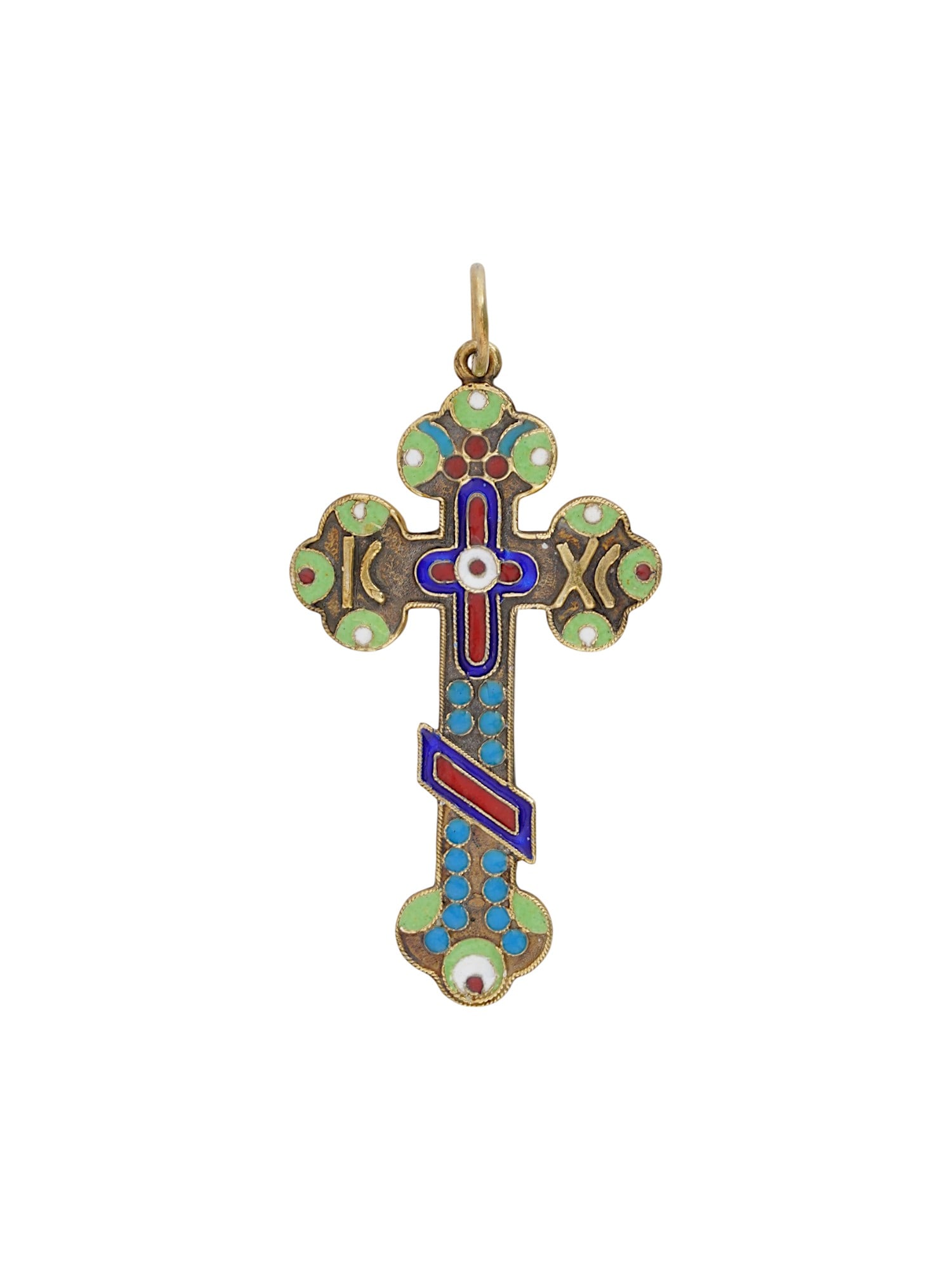 RUSSIAN SILVER ENAMEL CROSS: A Russian 84 gilt silver and enamel pendant representing an Orthodox cross. The front side of the piece is decorated with polychrome cloisonne enamel decor raised on a stippled silver ground, with rel