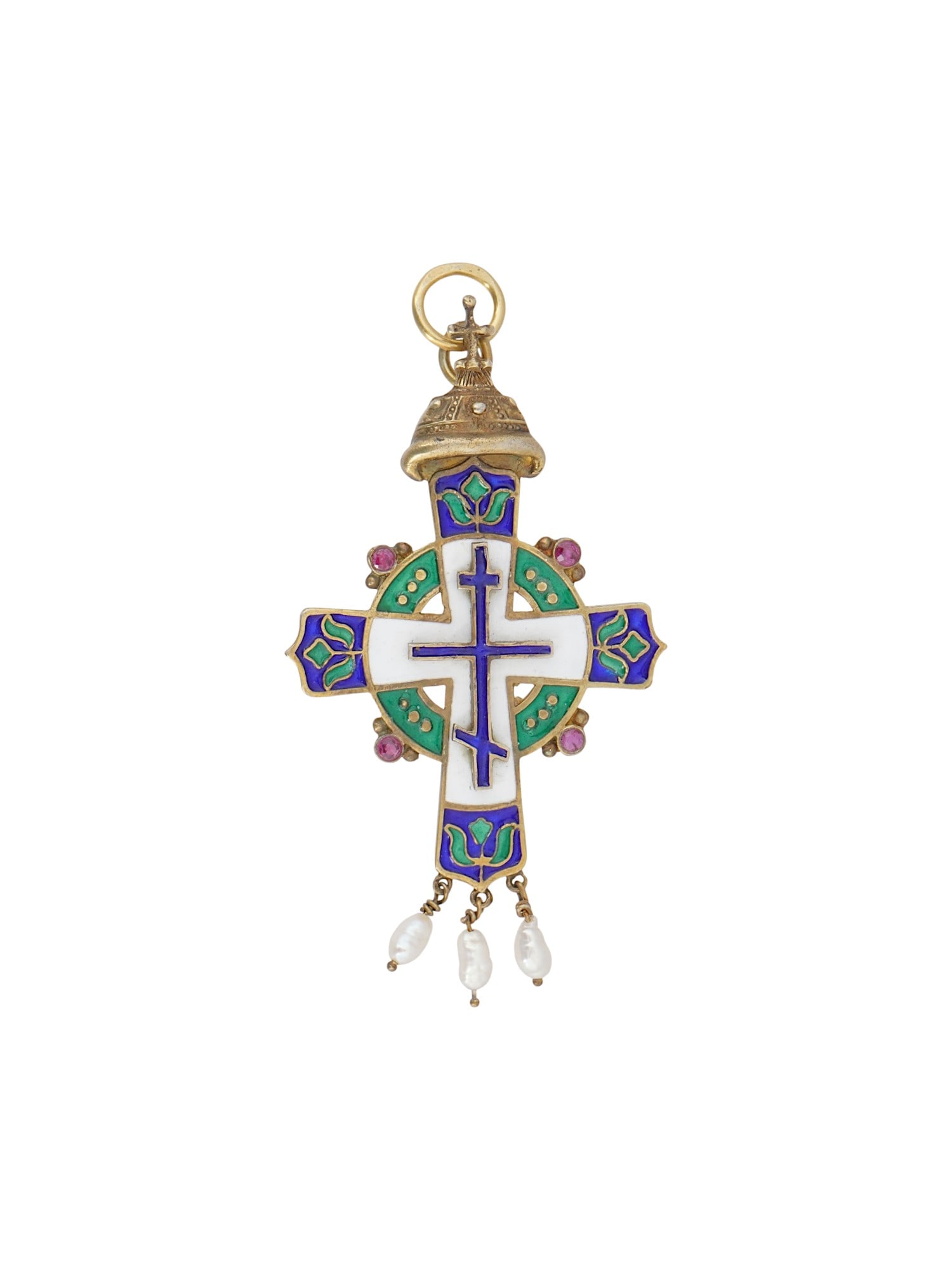 RUSSIAN SILVER ENAMEL CROSS W NATURAL PEARLS AND RUBYS (1 of 5)