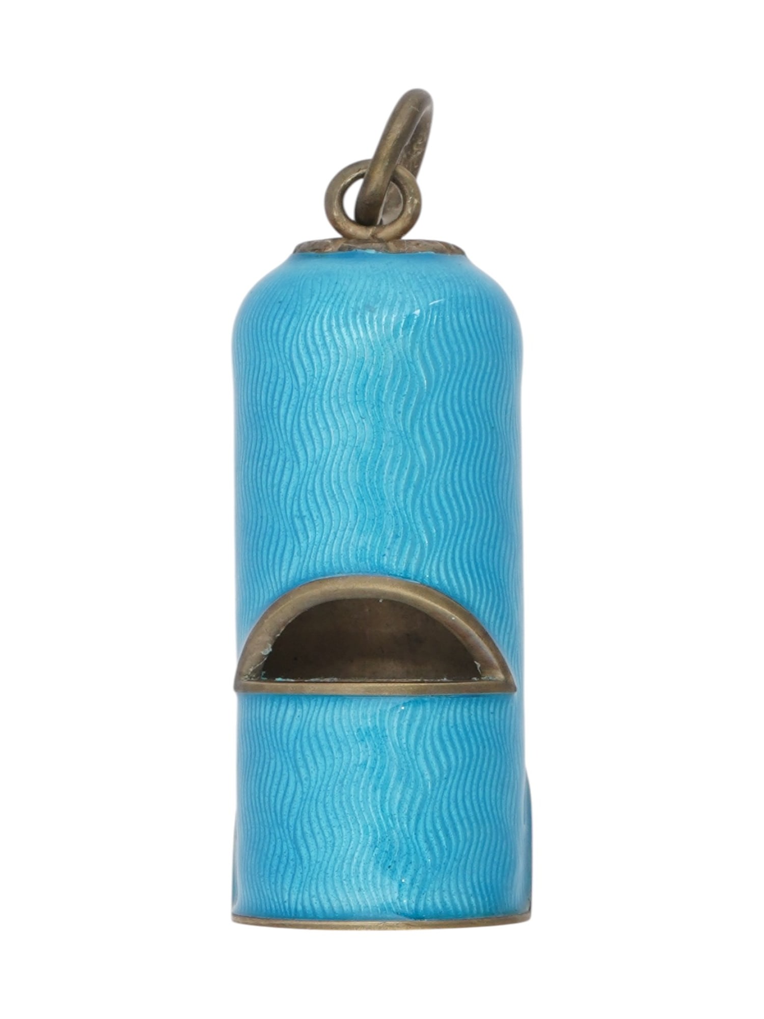 RUSSIAN SILVER GUILLOCHÉ ENAMEL WHISTLE: A Russian silver whistle, the exterior is covered with bright turquoise enamel over a patterned guilloche ground. Hallmarked to the body and the fitting ring with an 84 Russian silver standard and oth