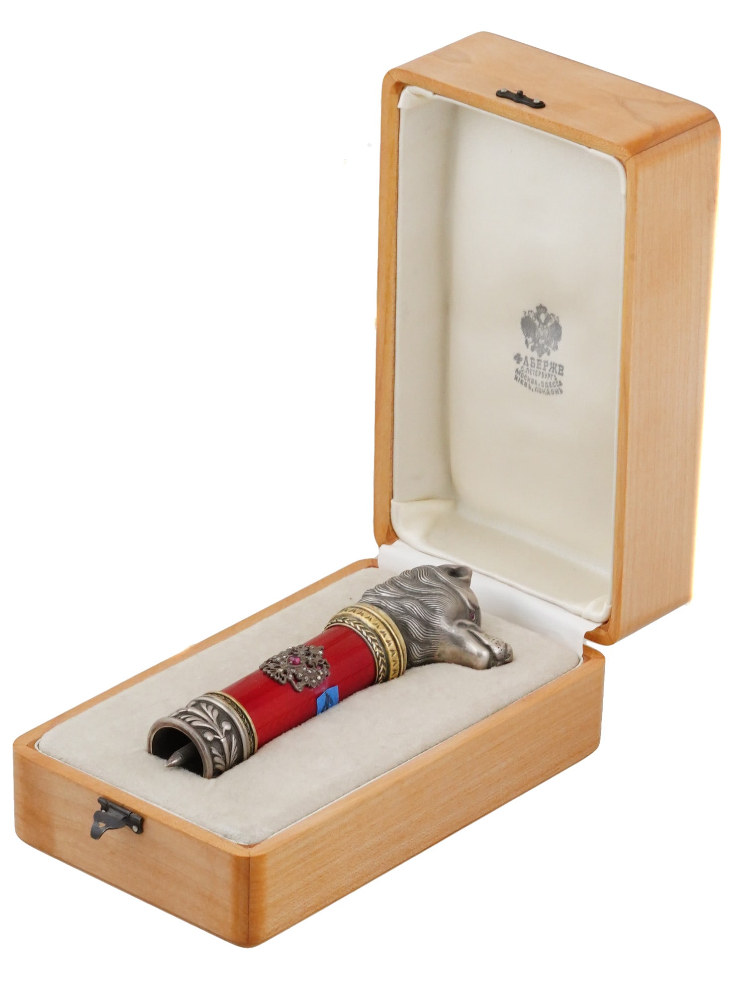 RUSSIAN SILVER GUILLOCHÉ ENAMEL WOLF CANE HANDLE W D: A Russian silver cane handle decorated with the Russian Imperial double headed eagle set with diamonds and gemstones on the red enameled ground manufactured in the guilloche technique with outer gilt