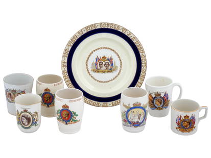 ENGLISH QUEEN ELIZABETH KING GEORGE PLATE AND CUPS: A vintage set of English ceramic tableware dedicated to members of the royal family of England. Including a plate created to commemorate the visit in 1939 of King George and Queen Elizabeth to Canada