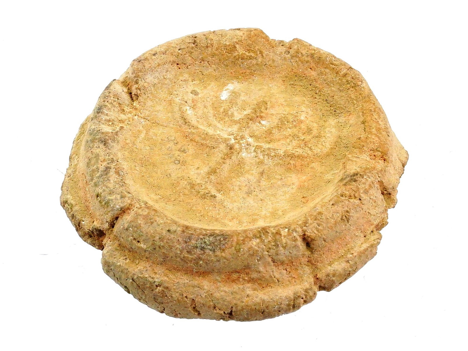 ANCIENT ROMAN HOLY LAND MENORAH CLAY INTAGLIO: An ancient Roman Holy Land clay intaglio. The intaglio is adorned with an impressed image of Menorah. The menorah was often thought to protect its owner and bring luck. Ancient Roman and Holy Land Jew