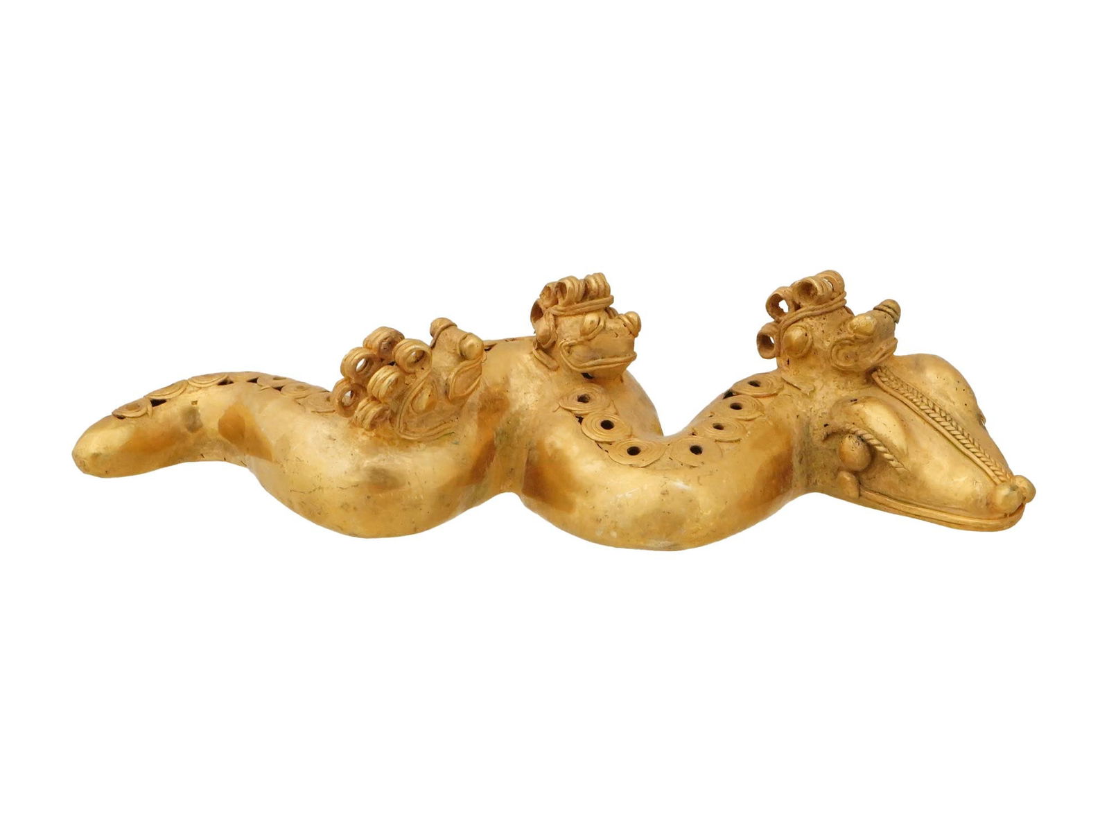 ANCIENT PRE COLUMBIAN TAIRONA TUMBAGA SNAKE FIGURINE: An ancient Pre Columbian Mesoamerican Tairona tumbaga figurine depicting a snake. Tumbaga, an alloy of gold and copper, showcases the metallurgical proficiency of Pre Columbian Mesoamerican civilizati