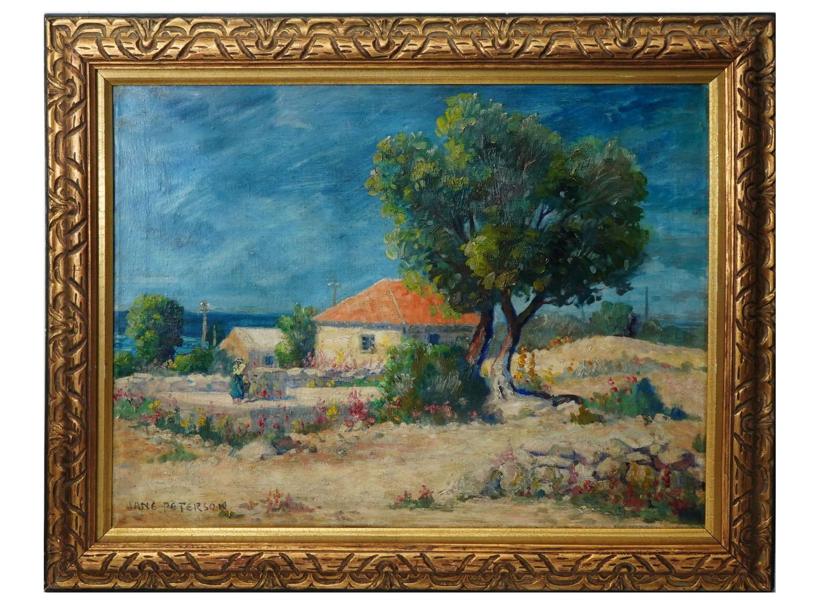 JANE PETERSON AMERICAN OIL PAINTING RURAL LANDSCAPE: Jane Peterson, American, 1876 to 1965, an oil painting on canvas depicting a rural landscape. Signed lower left. Additionally inscribed on the label to the back. Framed. Jane Peterson was an impressio