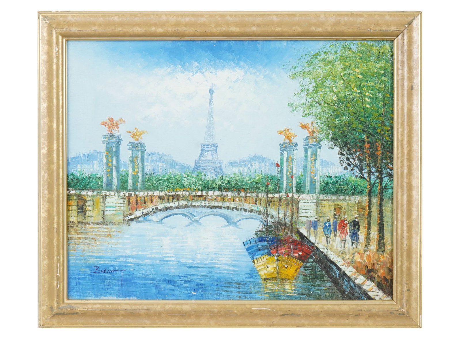 PARISIAN PAINTING EIFFEL TOWER PONT ALEXANDRE III: An oil painting on canvas mounted on board depicting a Parisian view of the Eiffel Tower as seen through the Pont Alexandre III. The artwork captures the bridges ornate details, with the iconic tower 