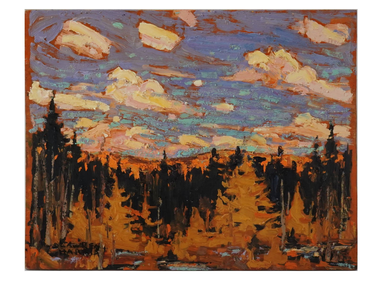 CANADIAN LANDSCAPE OIL PAINTING SIGNED LAWREN HARRIS: An oil painting on wood board, Algoma, depicting a forest landscape. Signed, Lawren Harris, lower left. A paper label of the Roberts Gallery, on the backside. Lawren Stewart Harris, Canadian, 1885 to