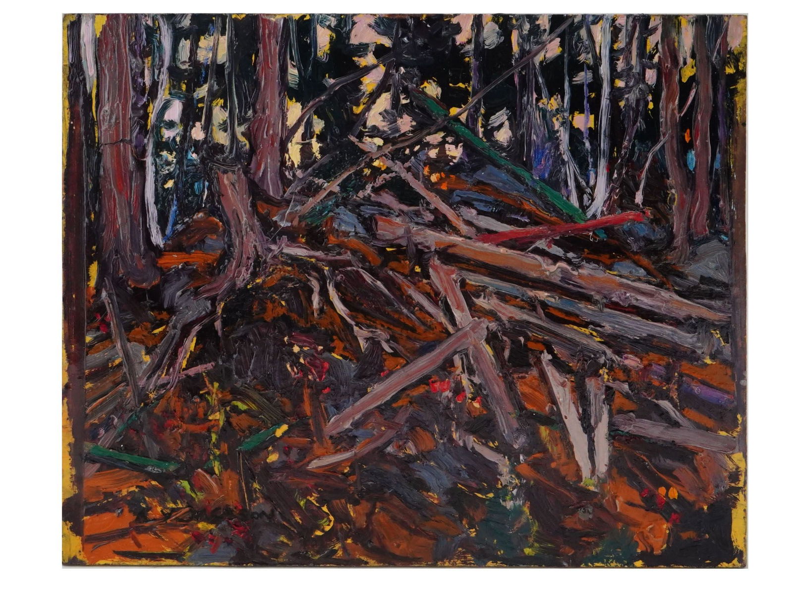 ATTR TO ALEXANDER YOUNG JACKSON LANDSCAPE OIL PAINTING: Attributed to Alexander Young A.Y. Jackson, Canadian, 1882 to 1974, an oil painting on board depicting a forest landscape. Signed lower left. Inscribed, AY Jackson, on the backside. Alexander Young Ja