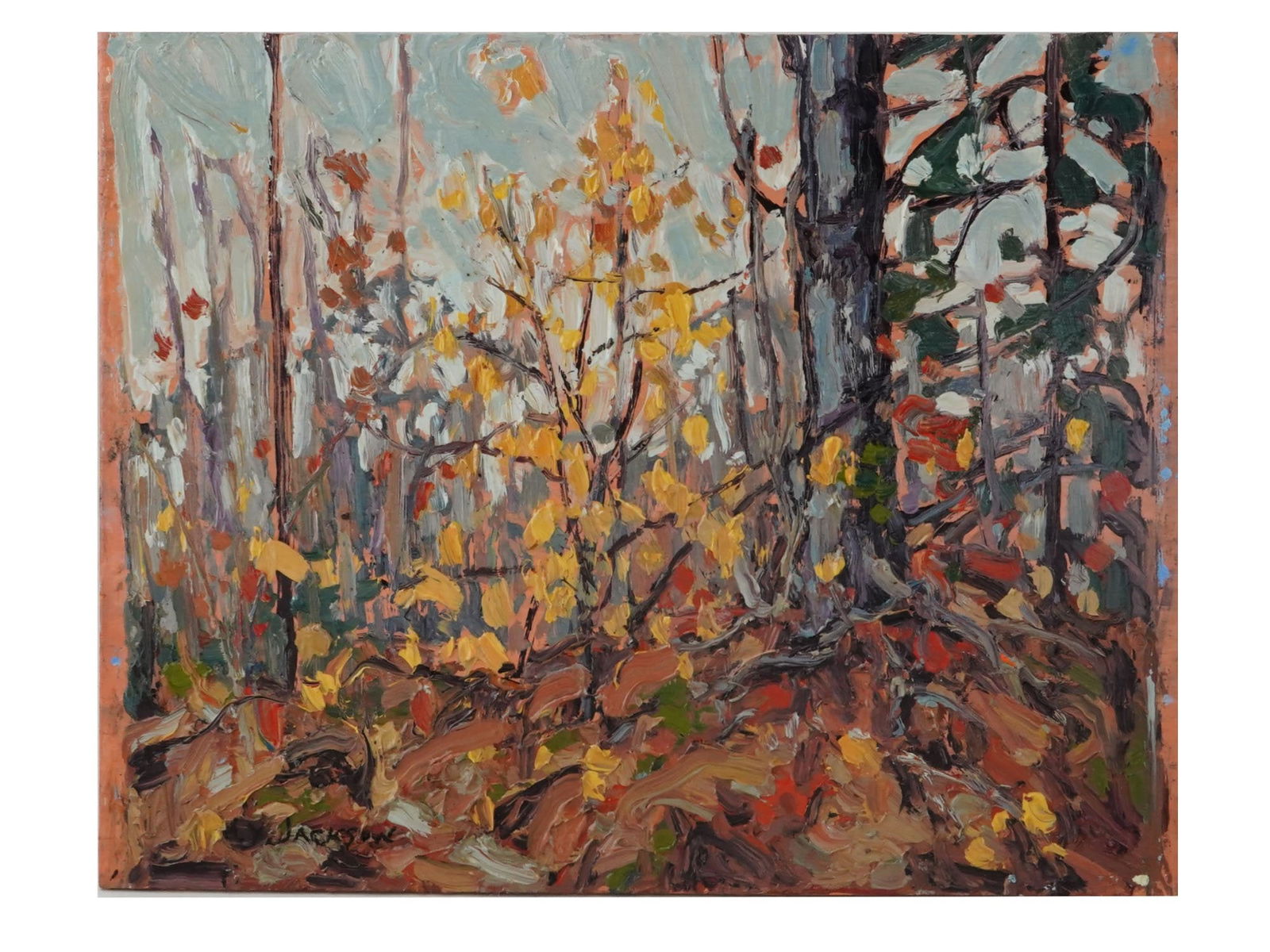 ATTR TO ALEXANDER YOUNG JACKSON LANDSCAPE OIL PAINTING: Attributed to Alexander Young A.Y. Jackson, Canadian, 1882 to 1974, an oil painting on board depicting a forest landscape. Signed lower left. Inscribed, AY Jackson, on the backside. A paper label of t