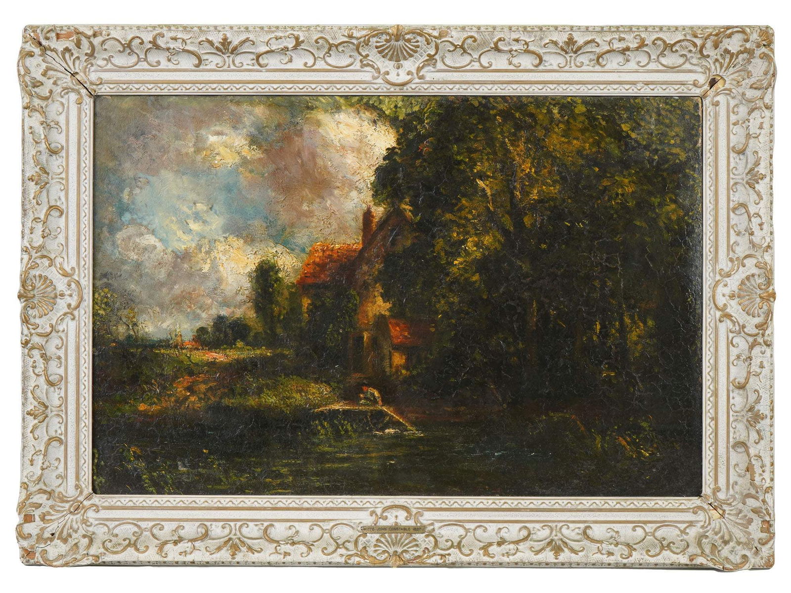LANDSCAPE PAINTING IN THE STYLE OF JOHN CONSTABLE RA: An oil painting on canvas in the style of John Constable RA, 1817 to 1897, depicting a serene rural landscape reminiscent of Constables masterful works. The painting features a river, trees, a fishing