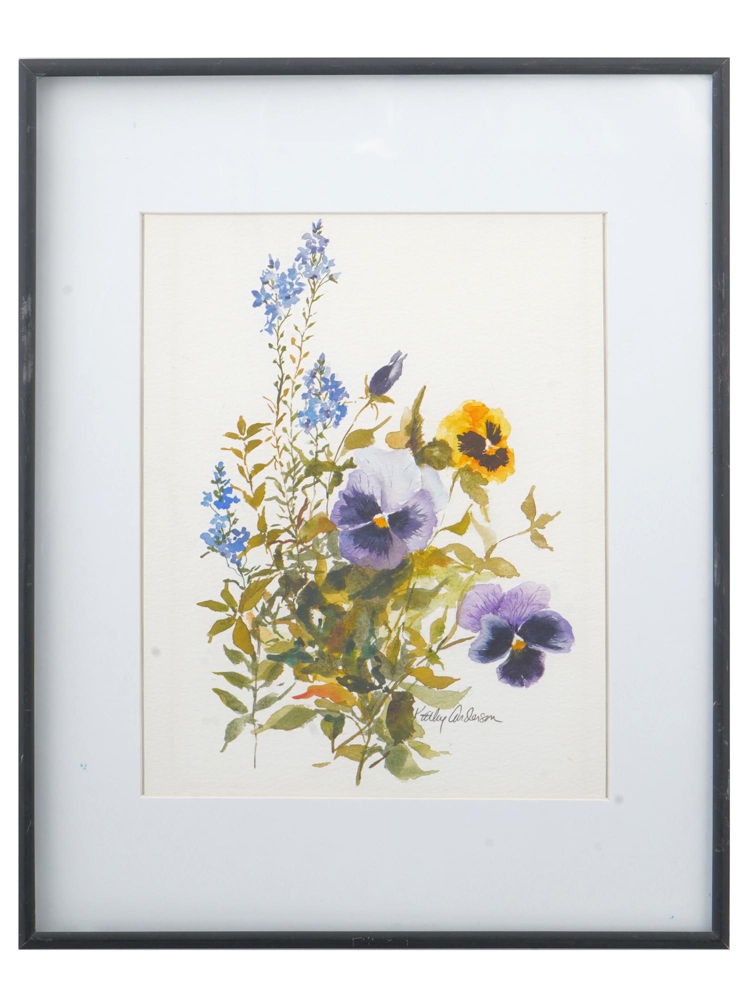 ATTR TO KATHY ANDERSON AMERICAN WATERCOLOR PAINTING: Attributed to Kathy Anderson, American, born 1945, a watercolor painting on paper depicting a still life with flowers. Signed lower right. Framed. Kathy Anderson is known for Still life, garden scene