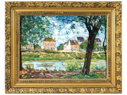 FRENCH IMPRESSIONIST OIL PAINTING SIGNED SISLEY: A French oil painting on canvas depicting a village scene on the Seine river. Signed, Sisley, and probably dated 87, lower left. Framed. Alfred Sisley is known for Impressionist seasonal landscape pai