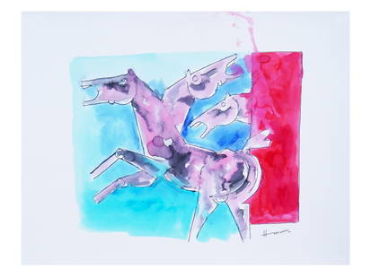 INDIAN MIXED MEDIA PAINTING AFTER MAQBOOL FIDA HUSAIN: A mixed media painting on paper depicting a Figurative scene with three horses after Maqbool Fida Husain, Indian, English, 1913 to 2011. Signed lower right. Maqbool Fida Husain was an Indian artist kn