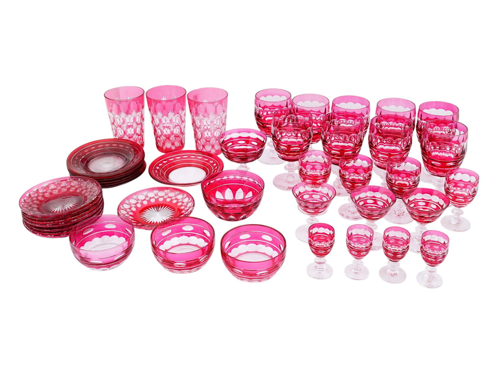 RUBY CUT TO CLEAR OVERLAY GLASS SET OF 43 TABLE WARES (1 of 14)