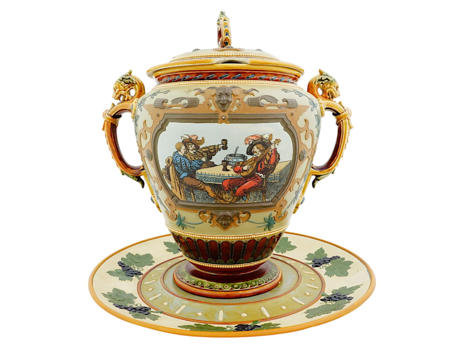 ANTIQUE 19TH C METTLACH POTTERY PUNCH BOWL AND PLATE (1 of 15)