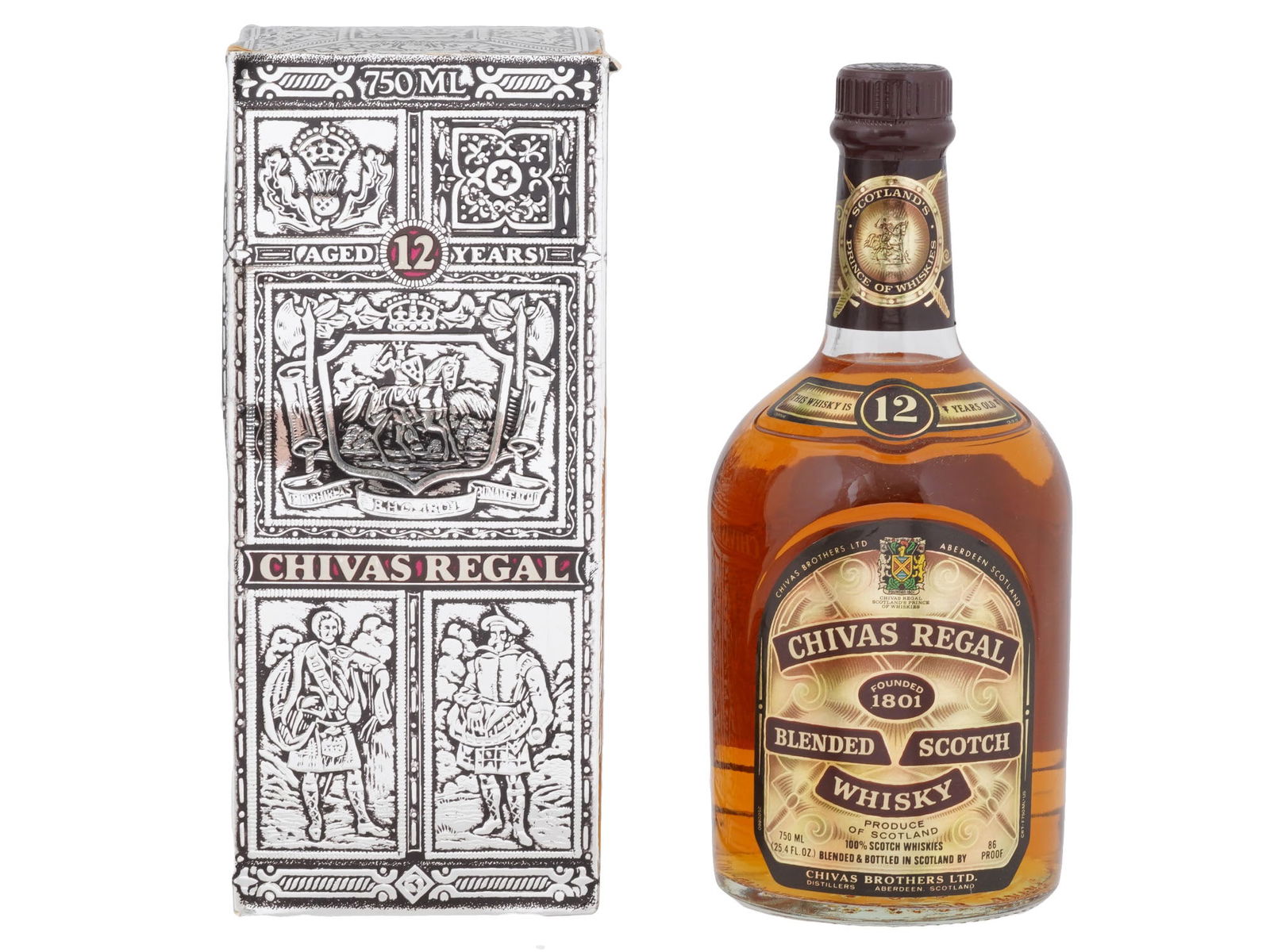 12 YEARS OLD CHIVAS REGAL BLENDED SCOTCH WHISKY IOB: A vintage 12 years old Chivas Regal blended Scotch whisky with the original box. 86 proof. 750 ml. Taste: creamy, rich, with ripe honey apple, vanilla, nut, and toffee tones. The finish is rich and lo